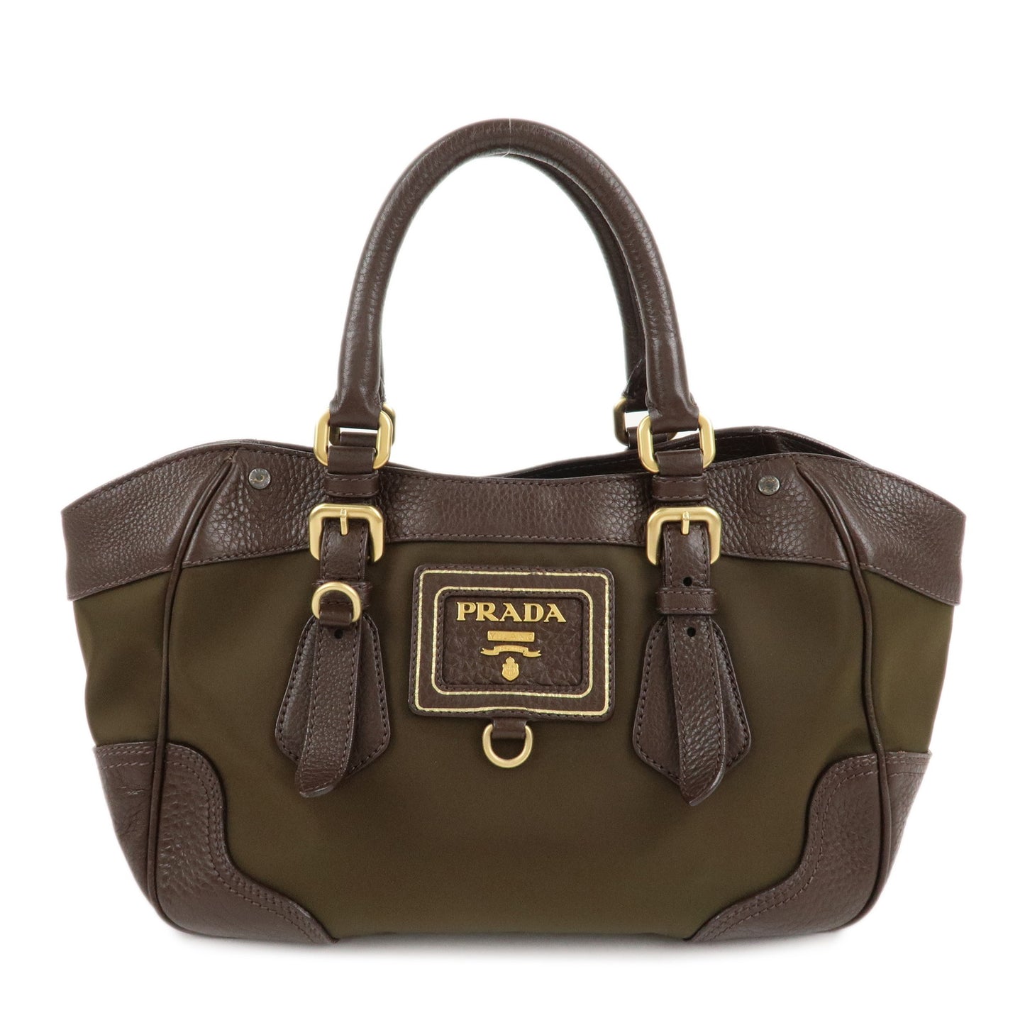 PRADA-Logo-Nylon-Leather-Hand-Bag-Kahki-Brown-BN1221