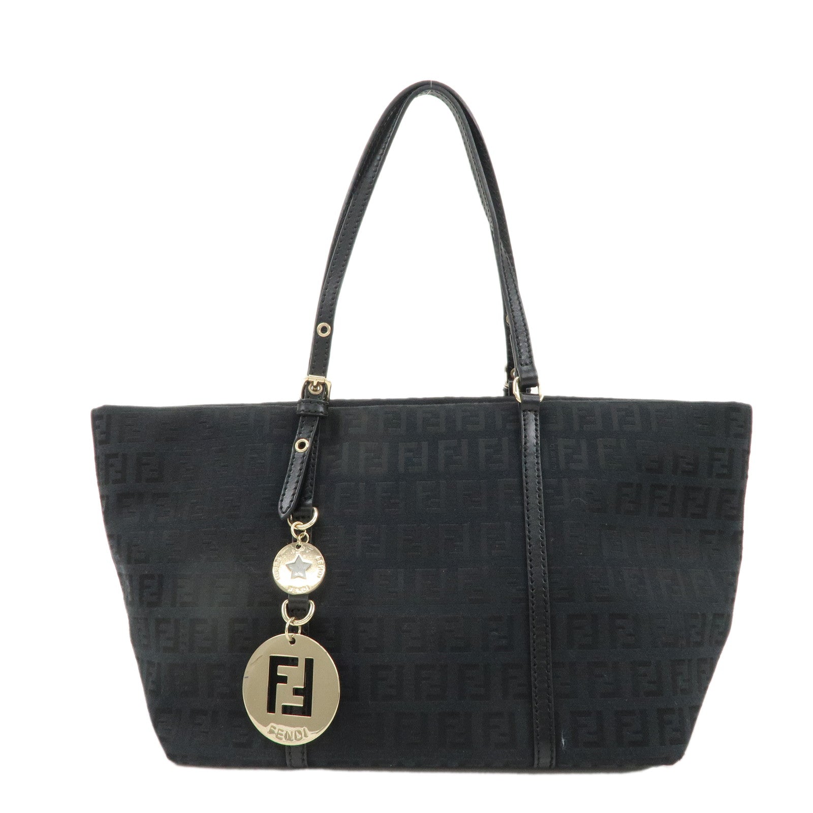 FENDI-Zucchino-Canvas-Leather-Tote-Bag-Hand-Bag-Black-8BH214