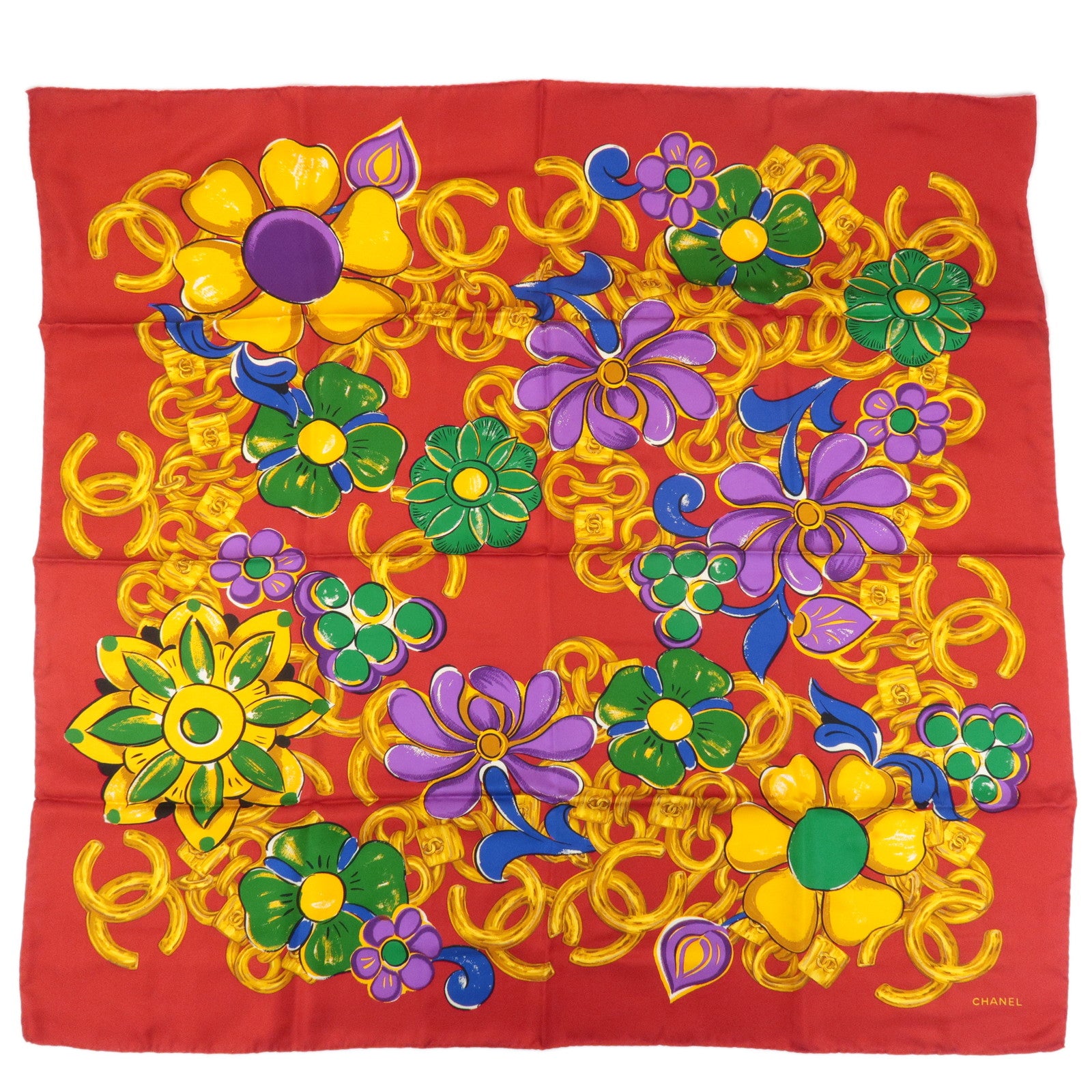 CHANEL-Silk-100%-Scarf-Flower-Chain-Red-Gold-Blue-Purple