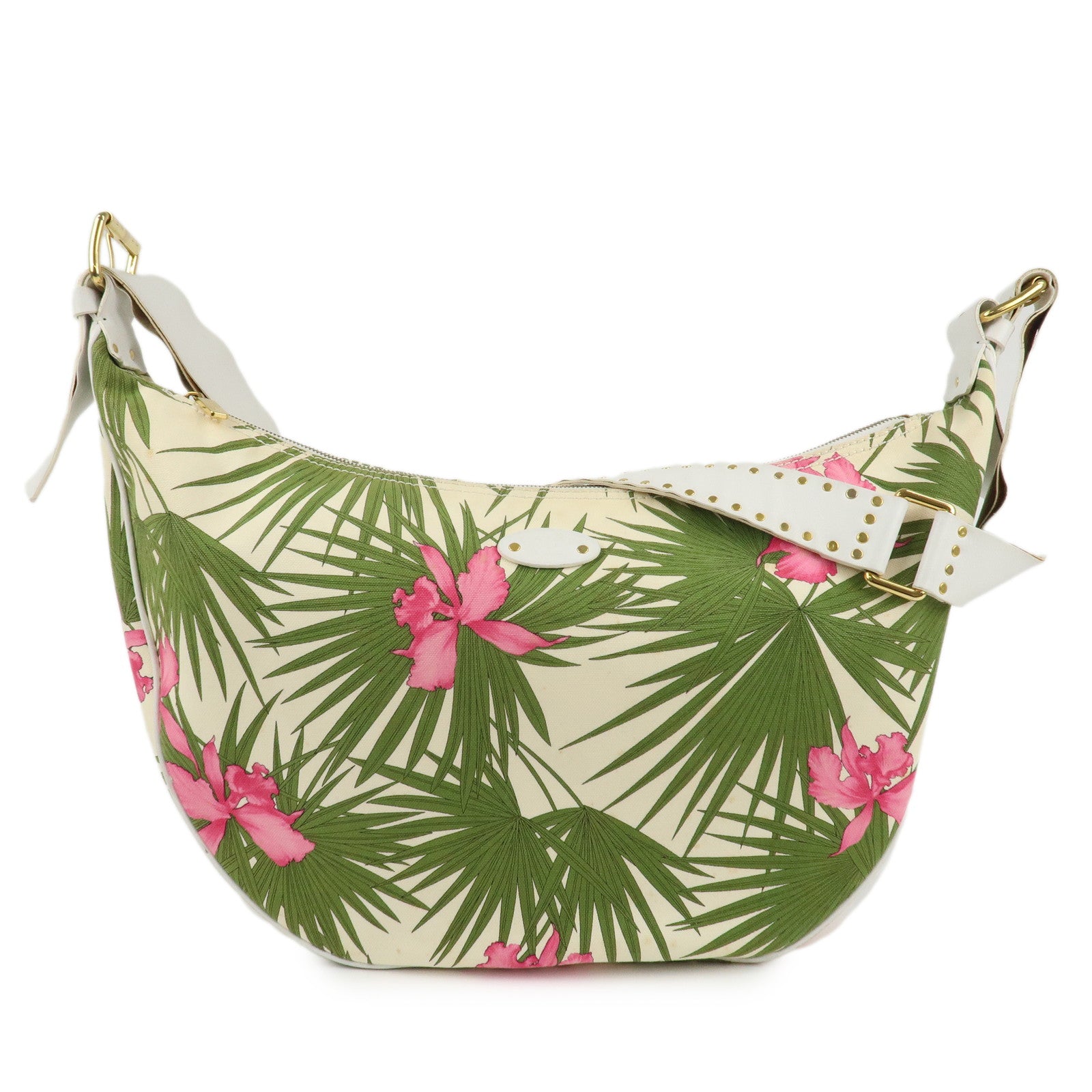 CELINE-Canvas-Leather-FLoral-Flower-Shoulder-Bag-White-Green-Pink