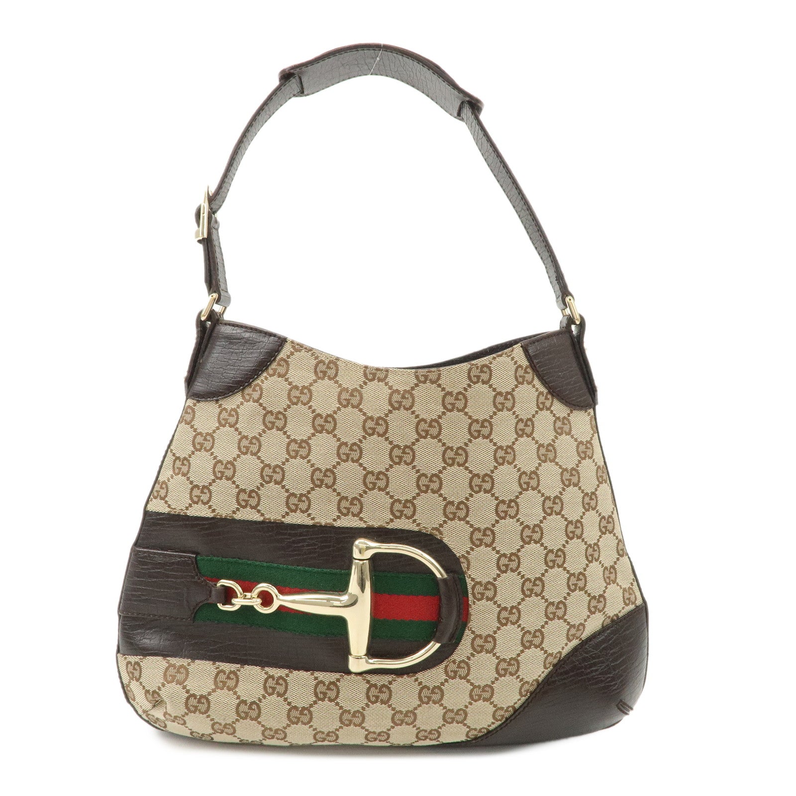 GUCCI-Horsebit-Sherry-GG-Canvas-Leather-Shoulder-Bag-Brown-137388