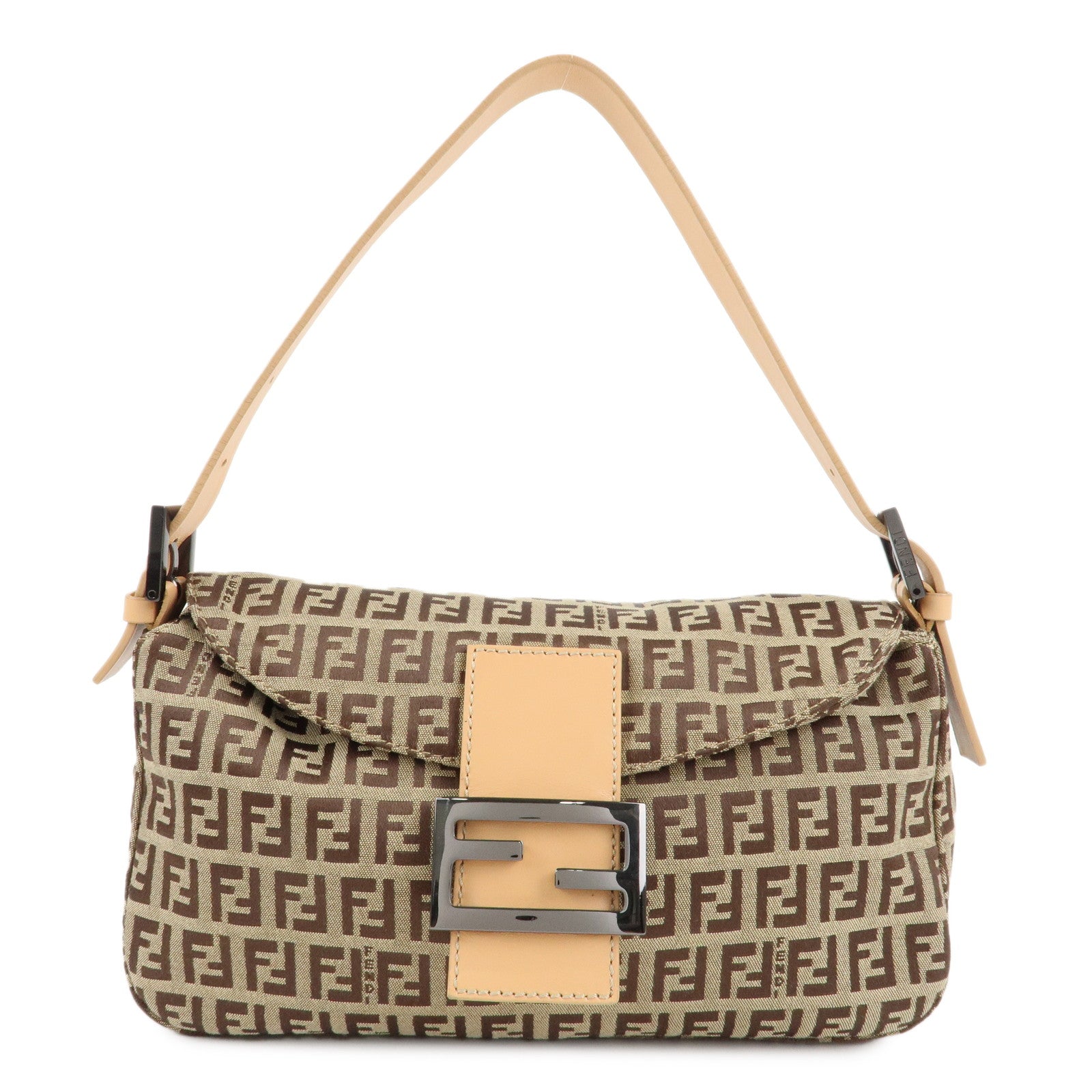 FENDI-Zucchino-Canvas-Leather-Shoulder-Bag-Beige-8BR003