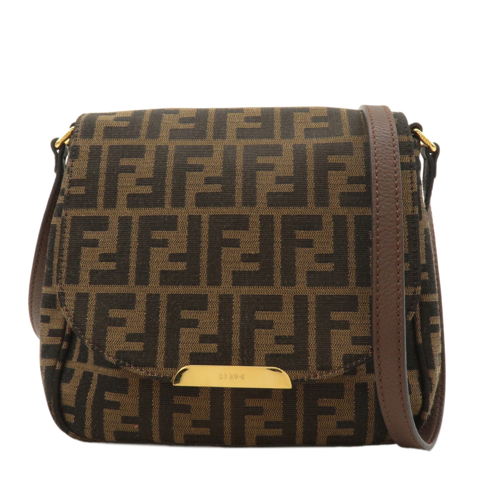 FENDI-Zucca-Canvas-Leather-Shoulder-Bag-Khaki-Brown-8BT214