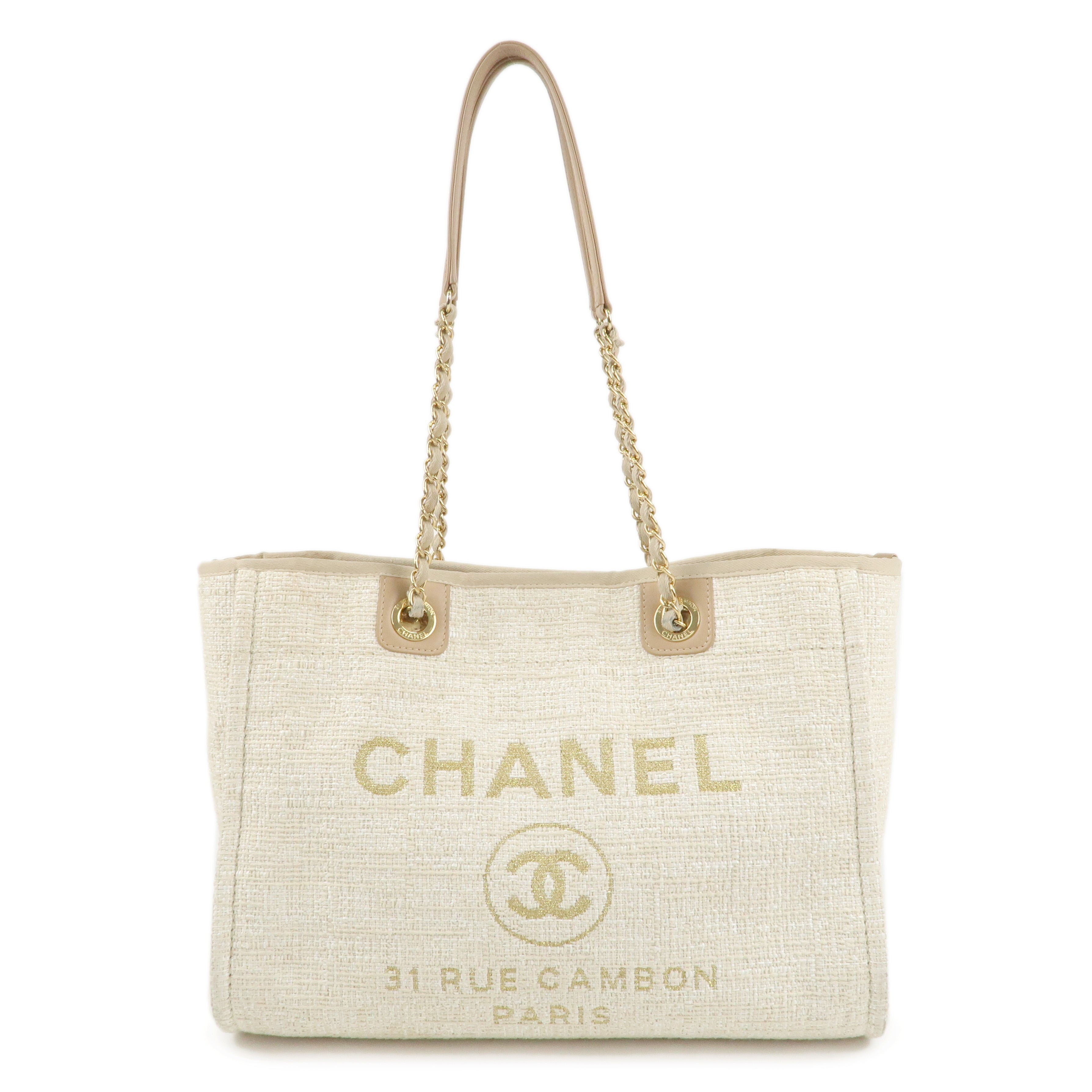 CHANEL Deauville Canvas Leather Tote Bag MM Beige Gold A67001