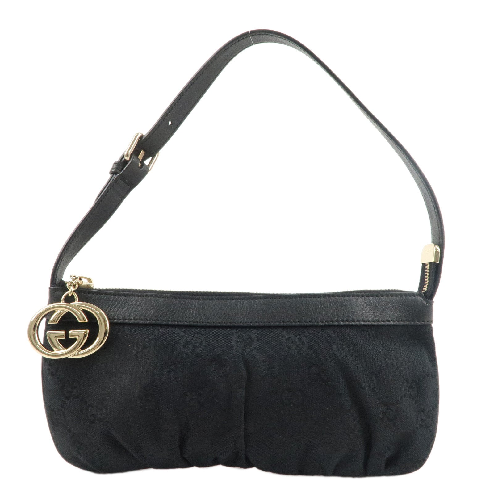 GUCCI Interlocking G GG Canvas Leather Pouch Hand Bag Black 212122