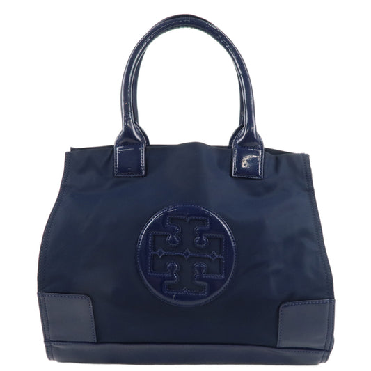 Tory-Burch-Amanda-Logo-Nylon-Enamel-Tote-Bag-Sholder-Bag-Navy