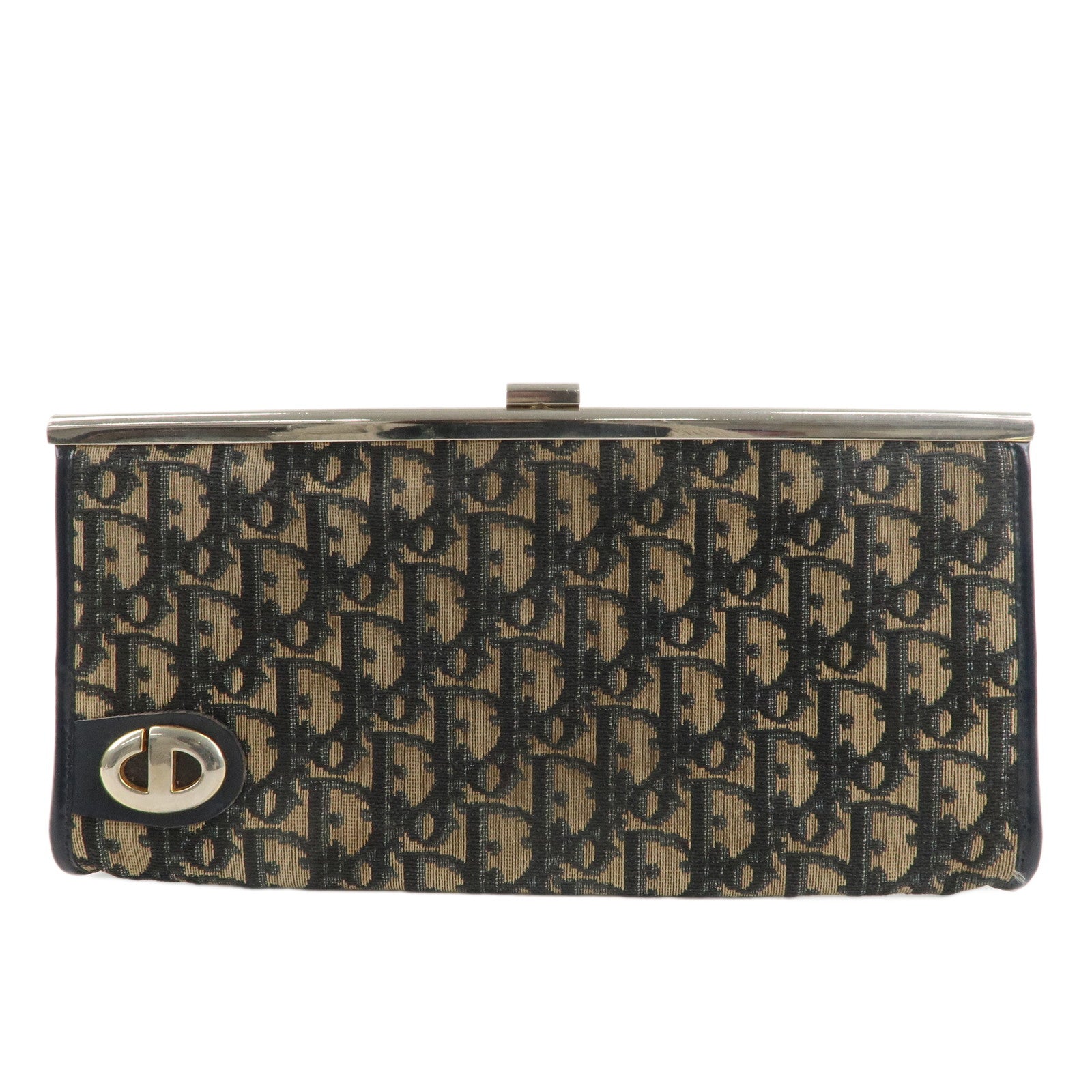 Christian Dior Trotter Canvas Leather Clutch Bag Beige Navy