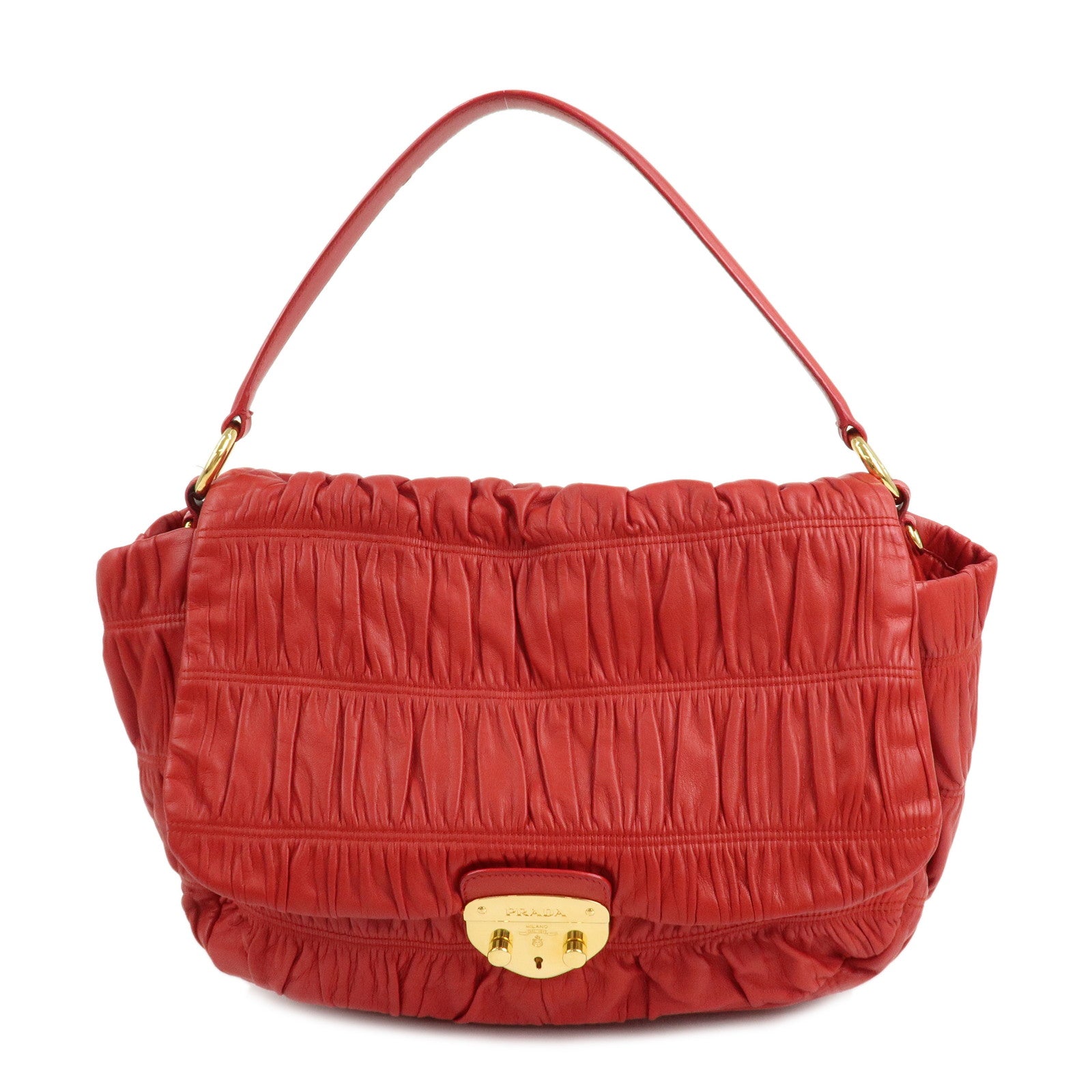 PRADA-Logo-Gathered-Leather-Shoulder-Bag-Hand-Bag-Red