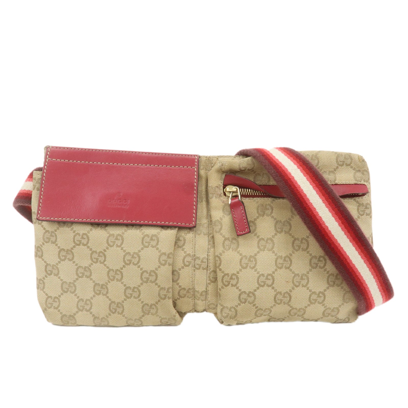 GUCCI-GG-Canvas-Leather-Waist-Bag-Waist-Pouch-Beige-Red-28566