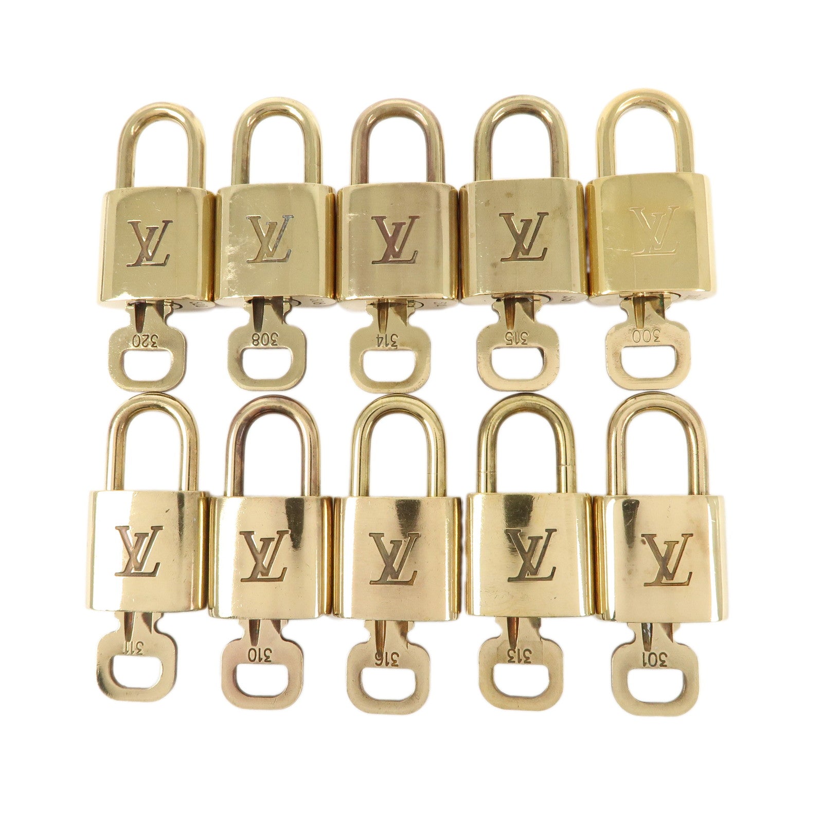 Louis-Vuitton-Set-of-10-Lock-&-Key-Cadena-Key-Lock-Gold