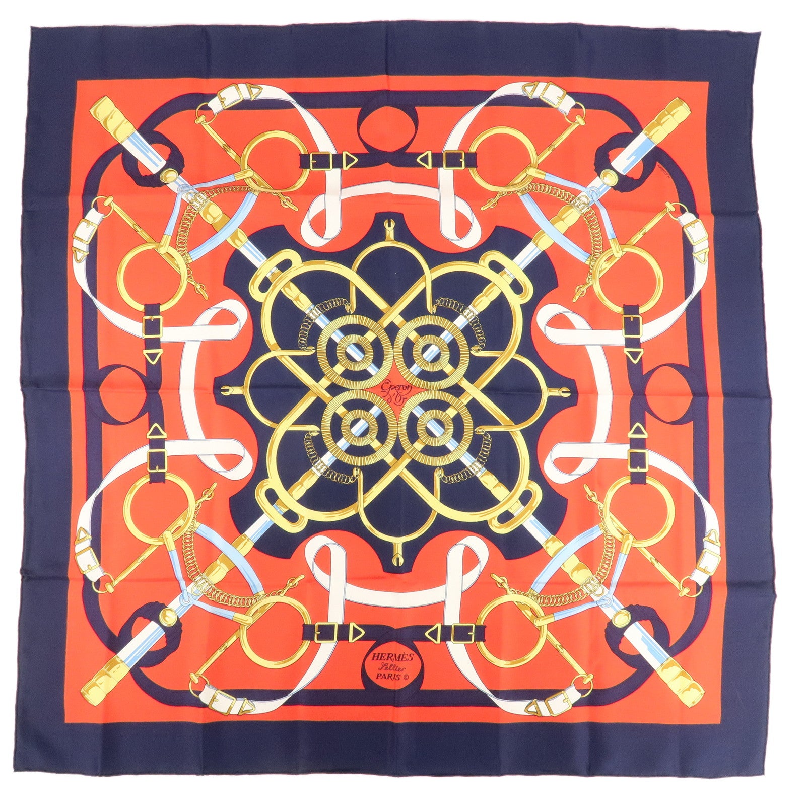 HERMES-Carre-90-100%-Silk-Scarf-Eperon-d'or-Red-Navy-Gold-