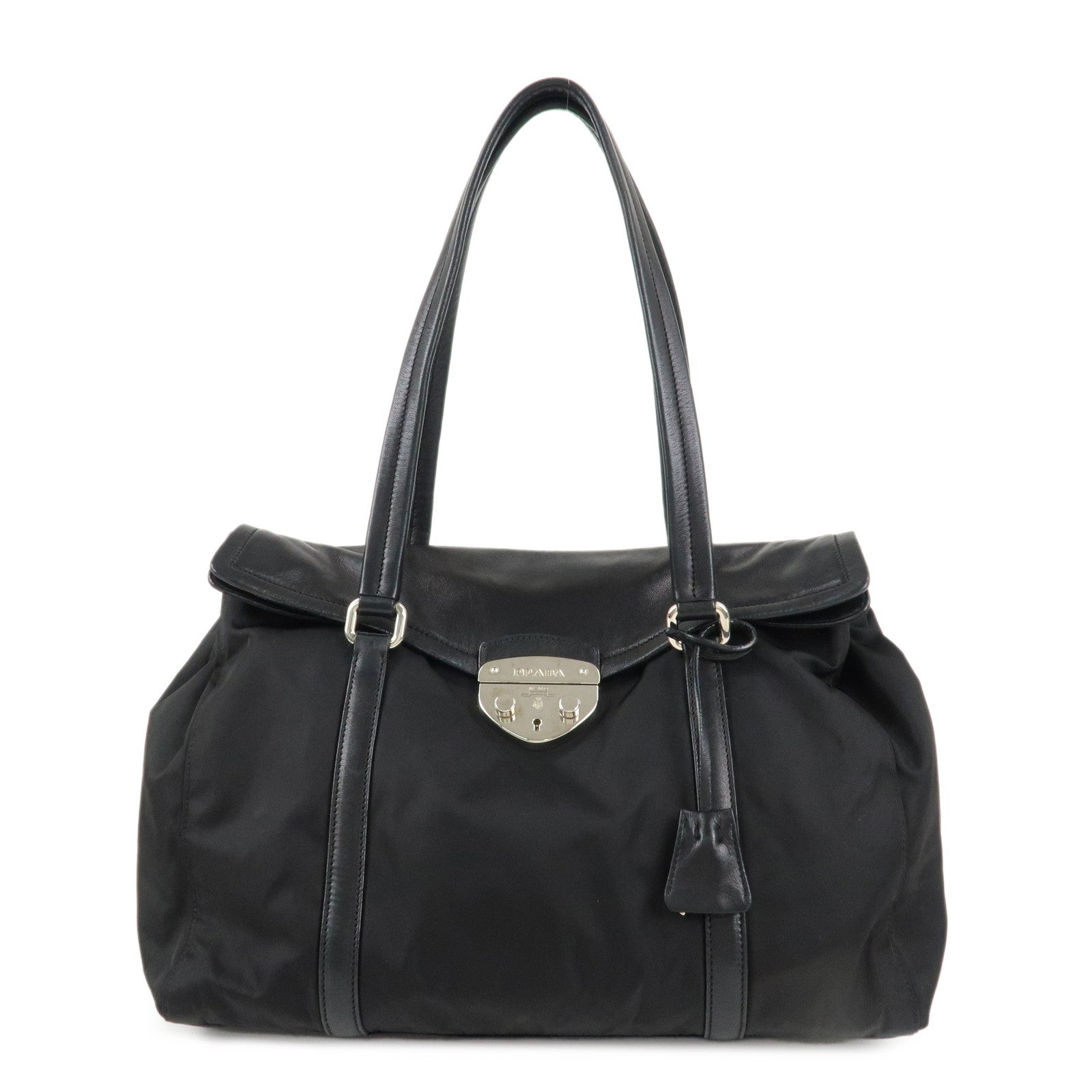 PRADA-Nylon-Leather-Tote-Bag-Shoulder-Bag-Black-Silver-Hardware