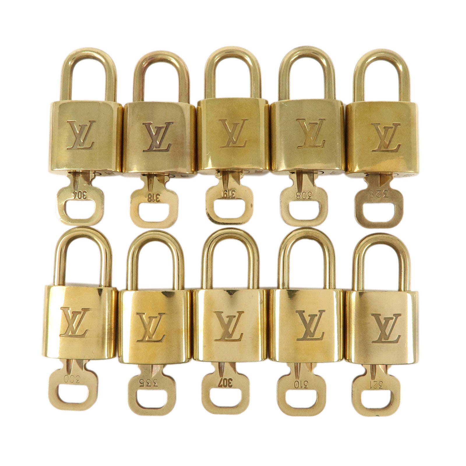 Louis-Vuitton-Set-of-10-Lock-&-Key-Cadena-Key-Lock-Gold