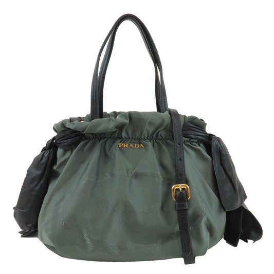 PRADA-Nylon-Leather-Tote-Bag-Shoulder-Bag-Green-Black
