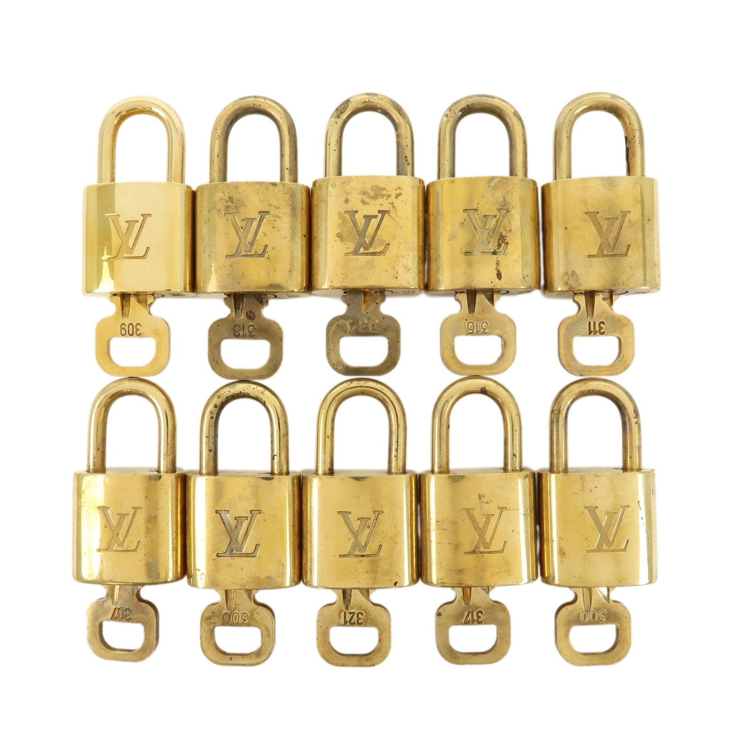 Louis-Vuitton-Set-of-10-Lock-&-Key-Cadena-Key-Lock-Gold