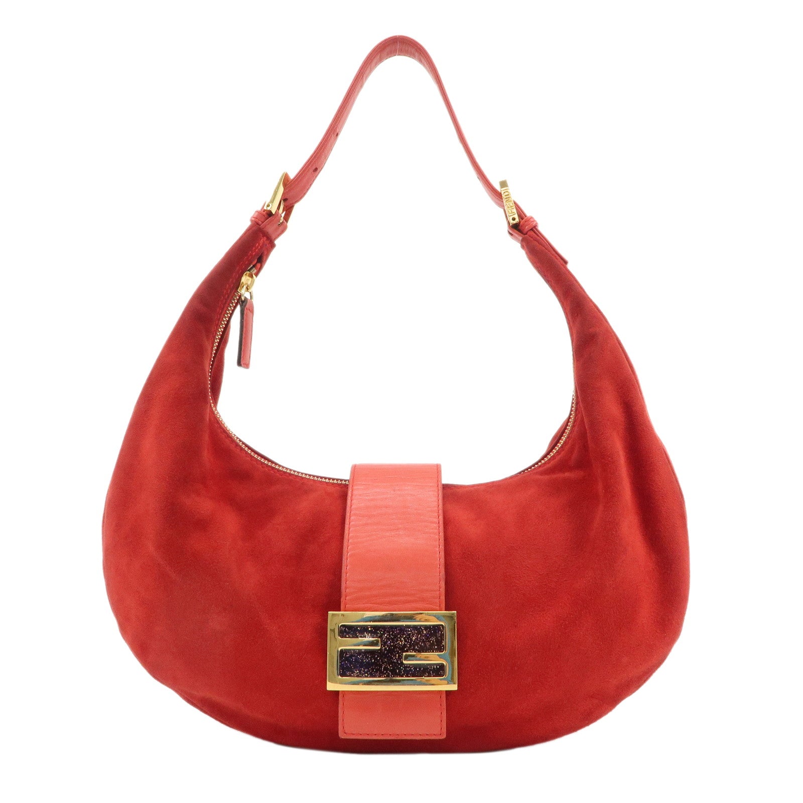 FENDI-Suede-Leather-Shoulder-Bag-Red-Gold-Hardware