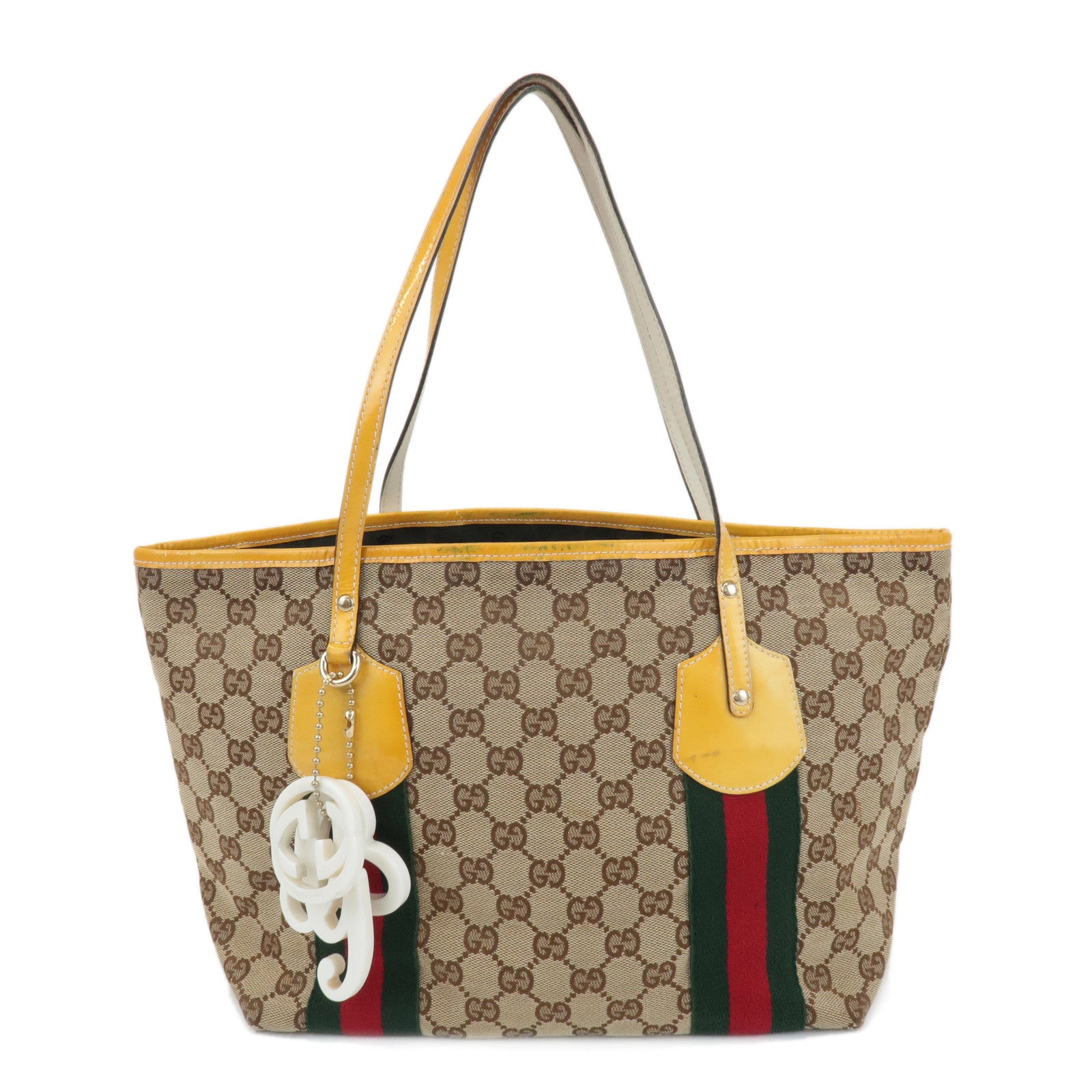 GUCCI-Sherry-GG-Canvas-Patent-Leather-Tote-Bag-Hand-Bag-211971