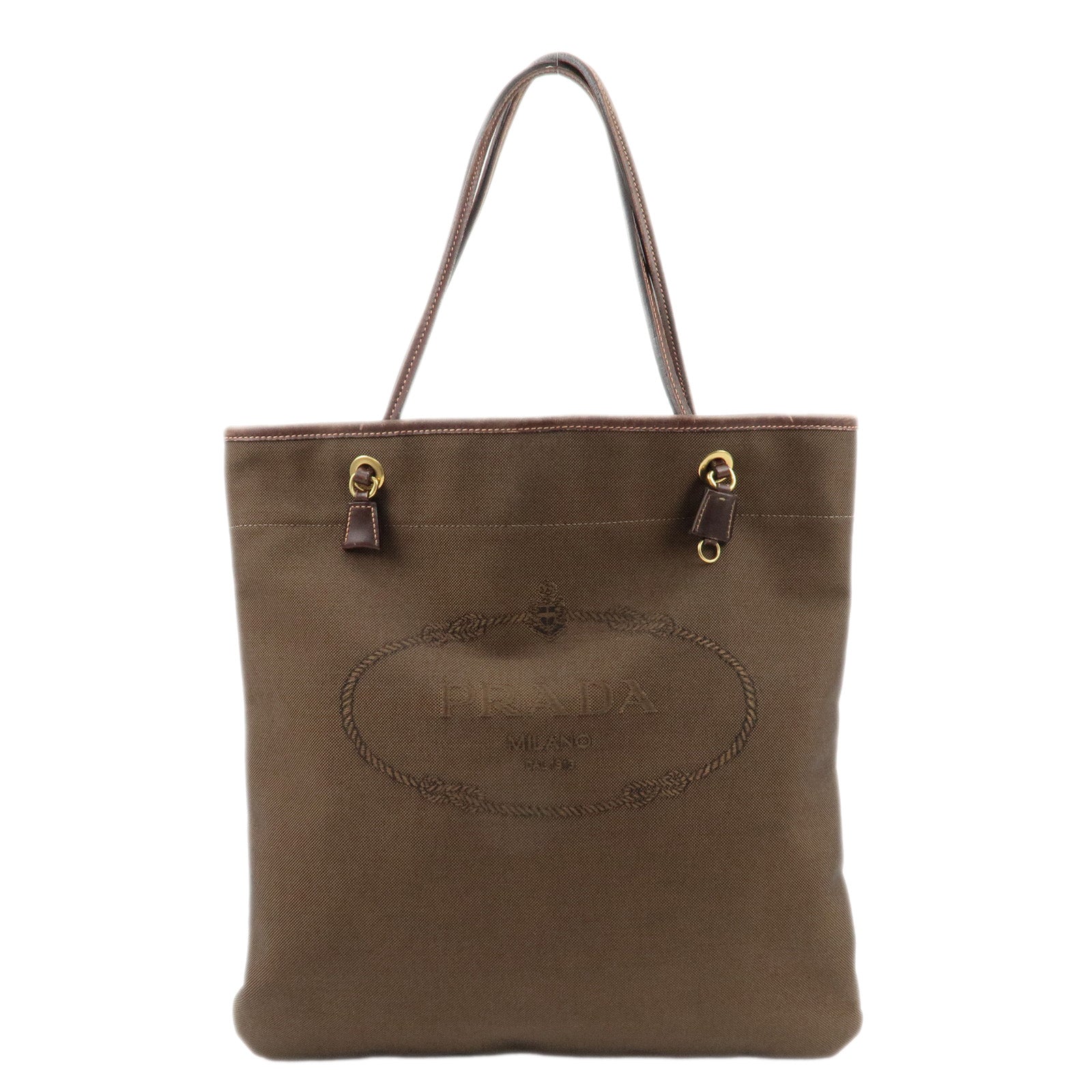 PRADA-Logo-Jaquard-Leather-Tote-Bag-Hand-Bag-Brown