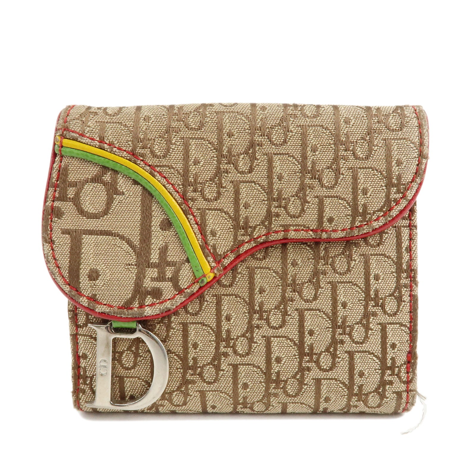 Christian-Dior-Rasta-Trotter-Canvas-Leather-Bi-fold-Wallet-Beige