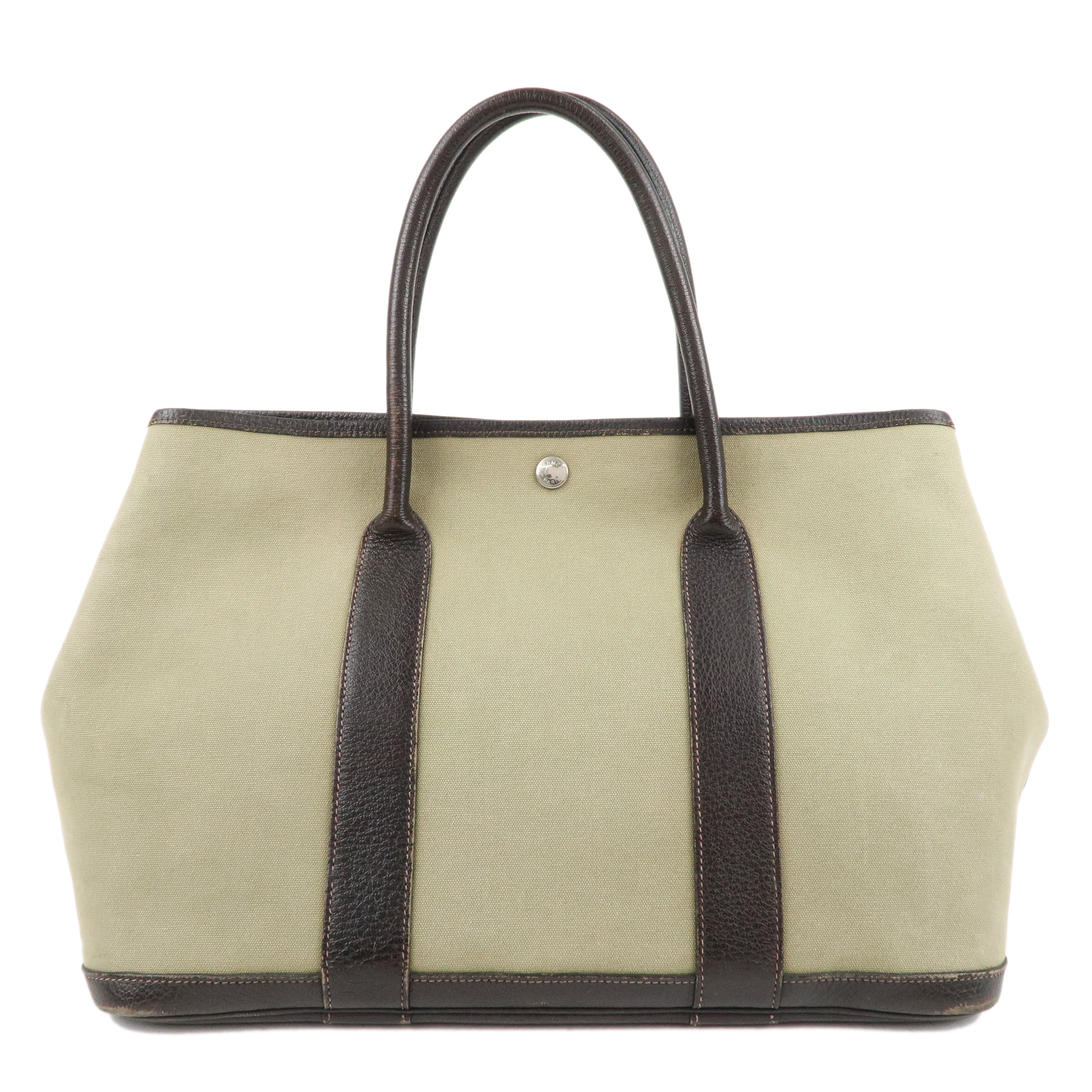 HERMES Canvas Leather Garden Party PM T Stamped Tote Bag Khaki