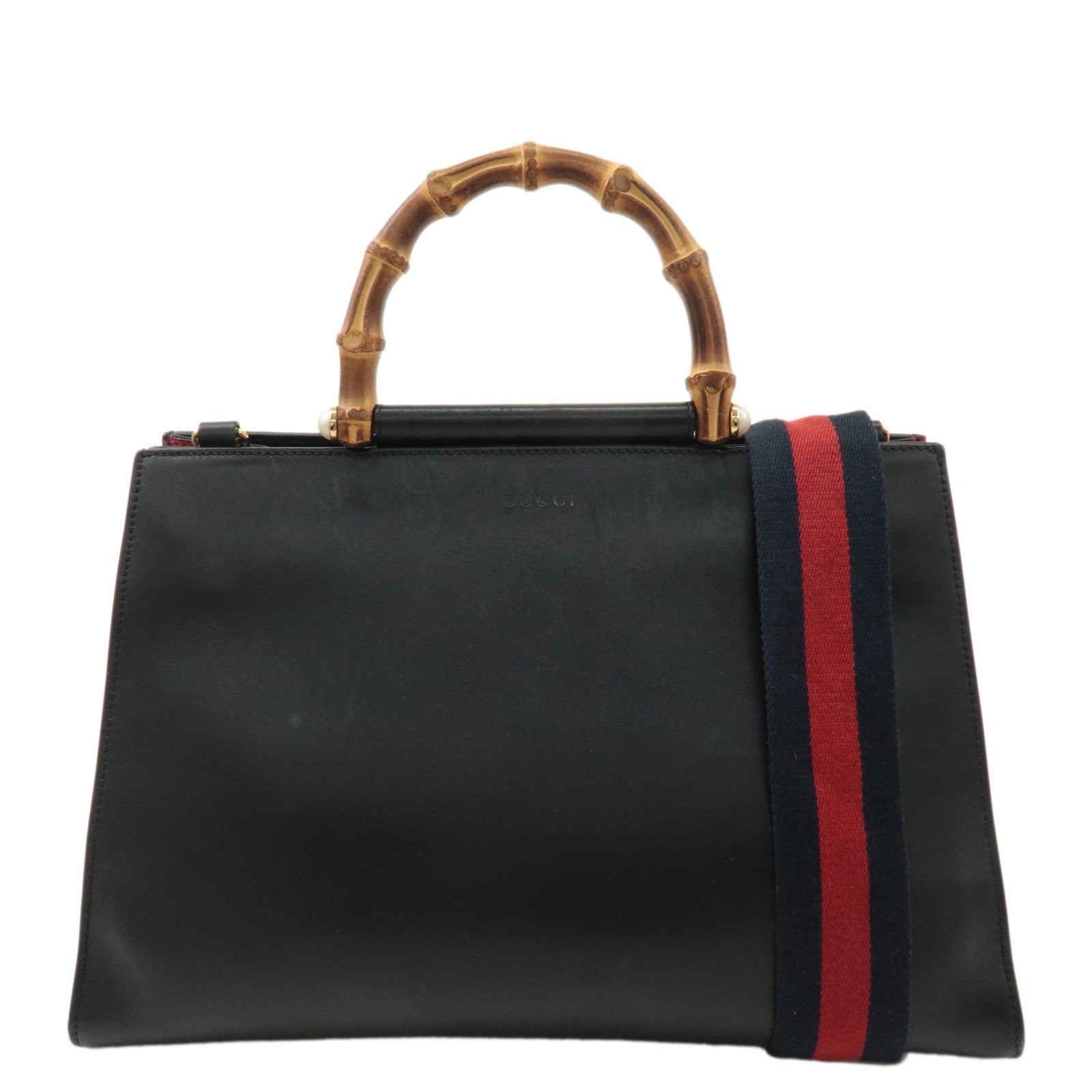 GUCCI Bamboo Leather Suede 2WAY Handbag Black Red 453764