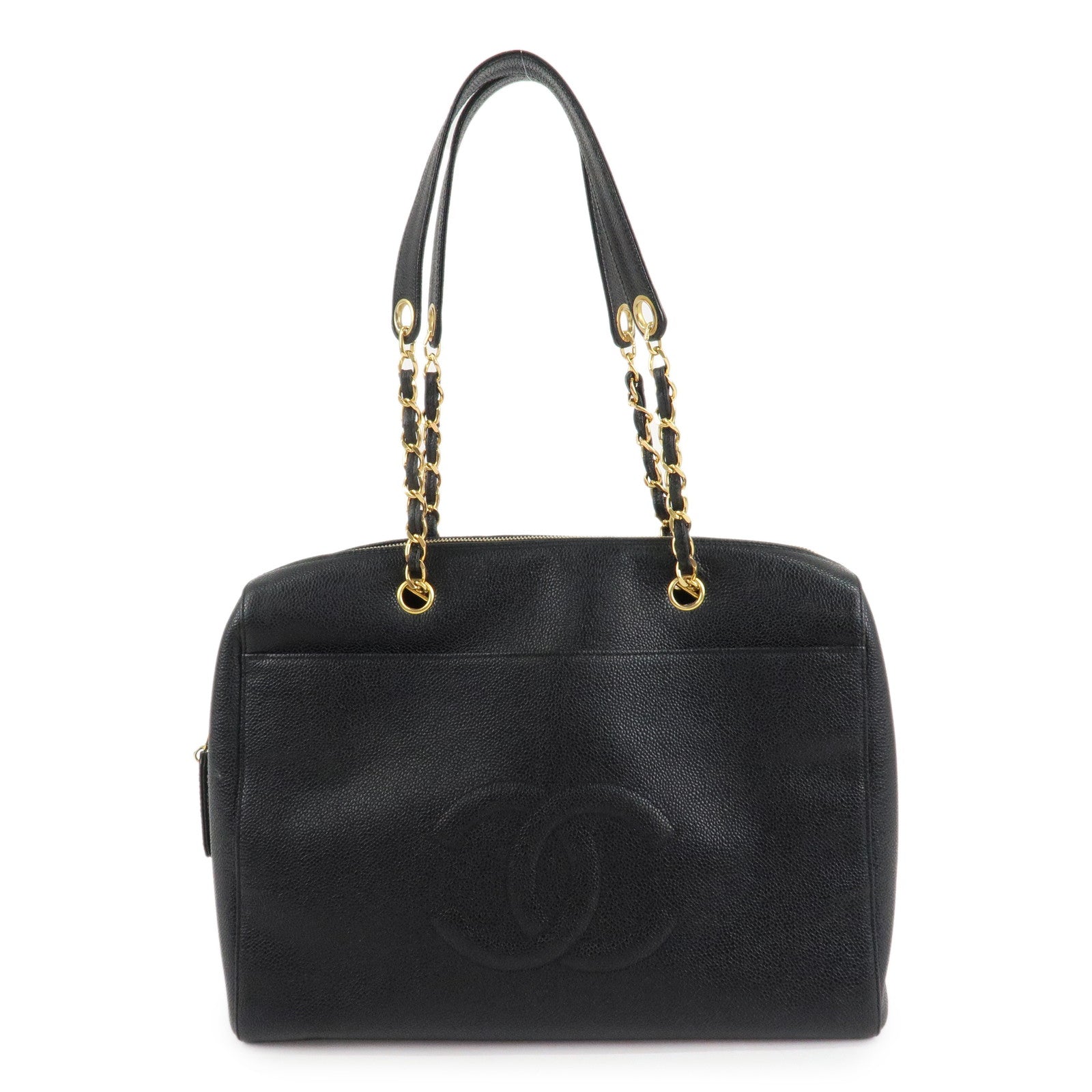 CHANEL-COCO-Mark-Caviar-Skin-Chain-Shoulder-Tote-Bag-Black