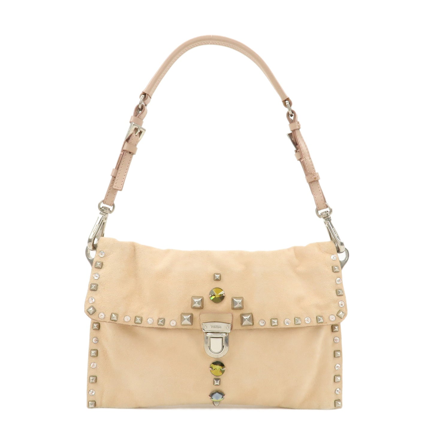 PRADA-Suede-Leather-Triangle-Logo-Studs-Bijou-Semi-Shoulder-Bag