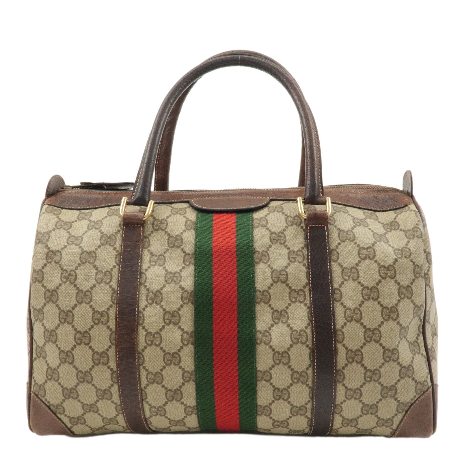 GUCCI-Old-Gucci-Sherry-GG-Plus-Leather-Boston-Bag-Beige-Brown