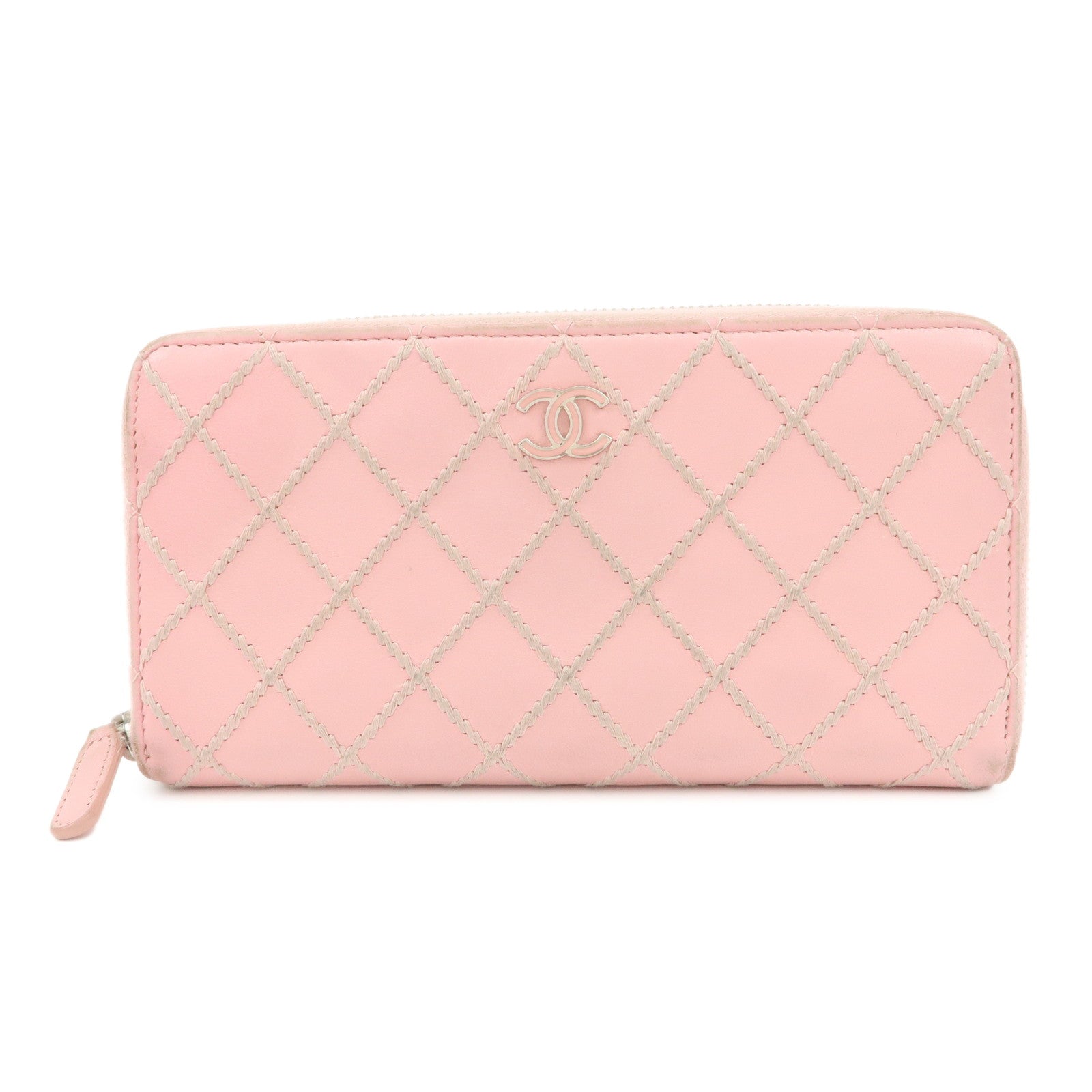 CHANEL-Wild-Stitch-Lamb-Skin-Round-Zipper-Long-Wallet-A80143