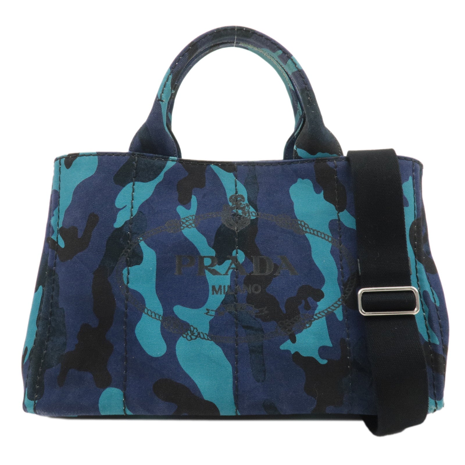 PRADA Logo Canapa Canvas 2 Way Tote Bag Camouflage Blue B2642B