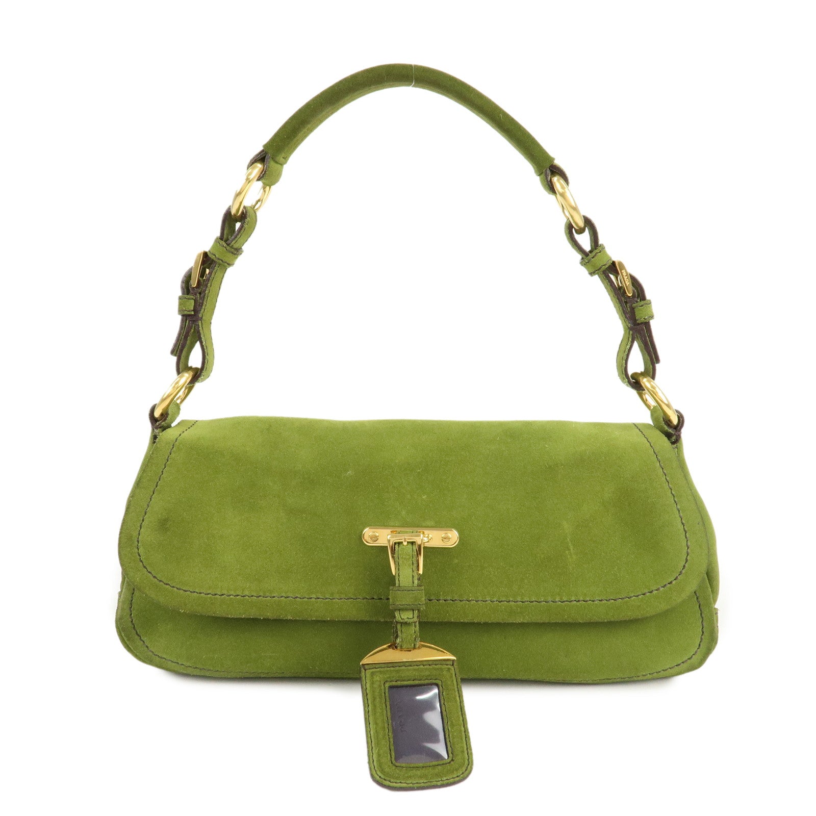 PRADA-Suede-One-Shoulder-Bag-Green-Gold-Hardware