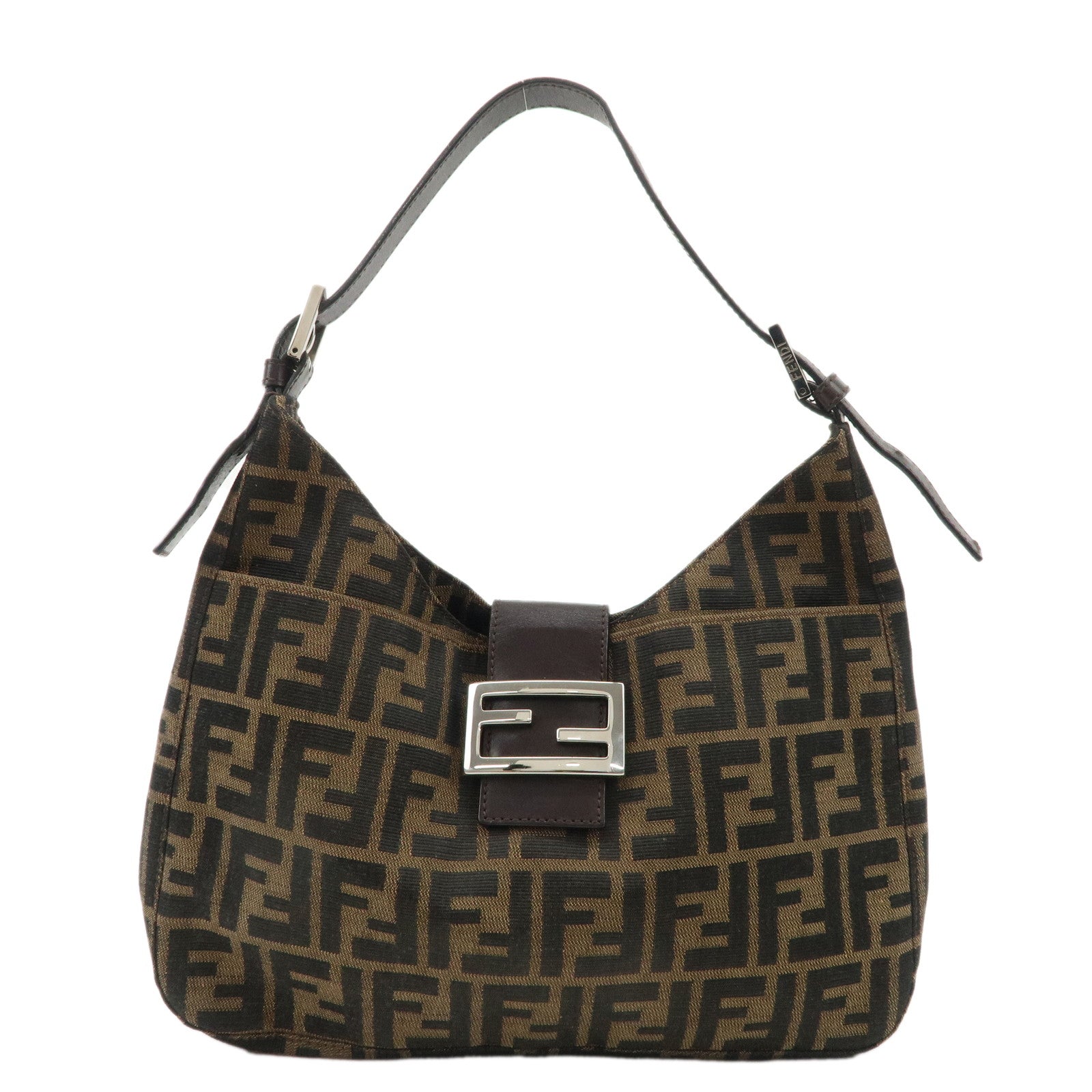 FENDI-Zucca-Canvas-Leather-Shoulder-Bag-Brown-Black-265690