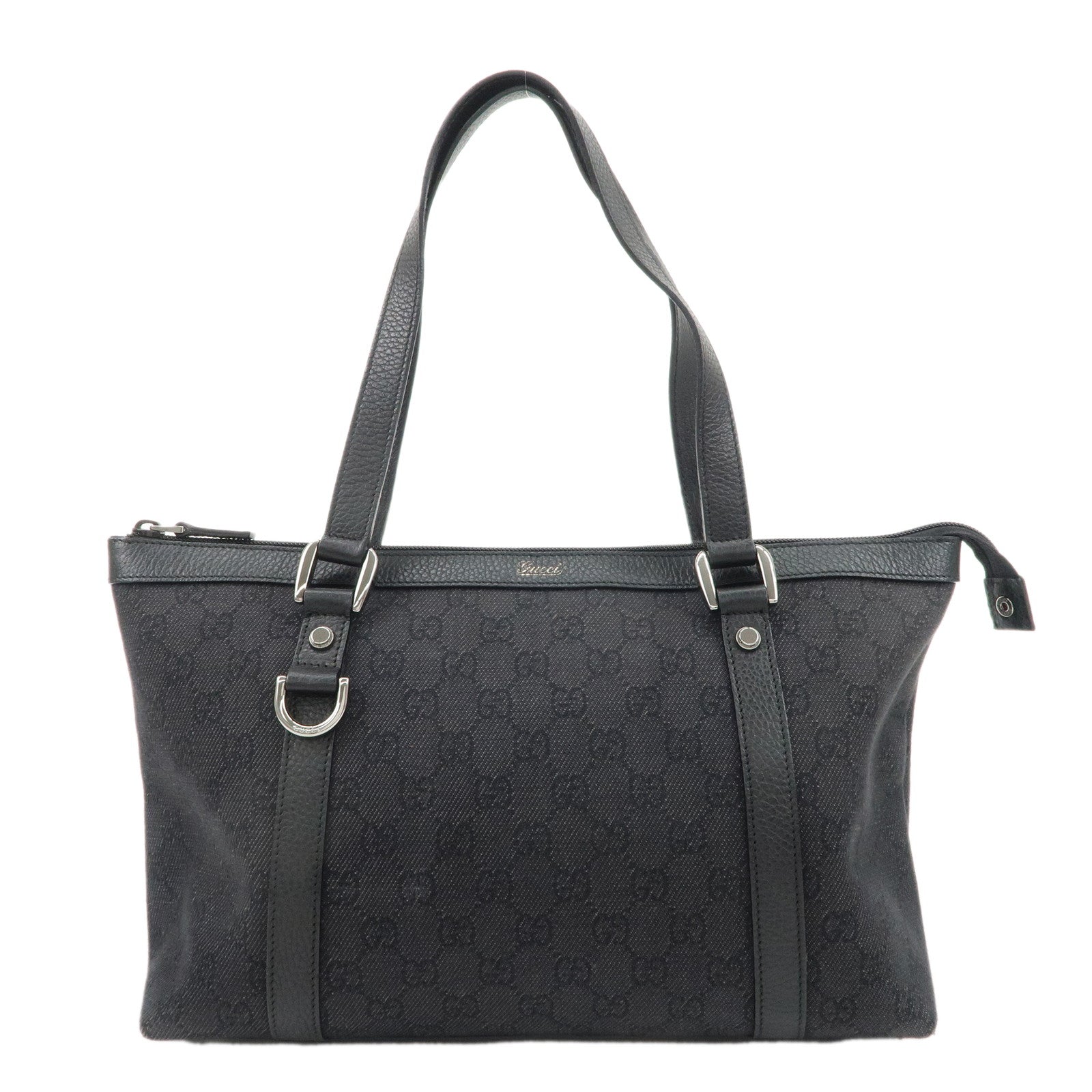 GUCCI-Abbey-GG-Denim-Leather-Tote-Bag-Shoulder-Bag-Black-268640