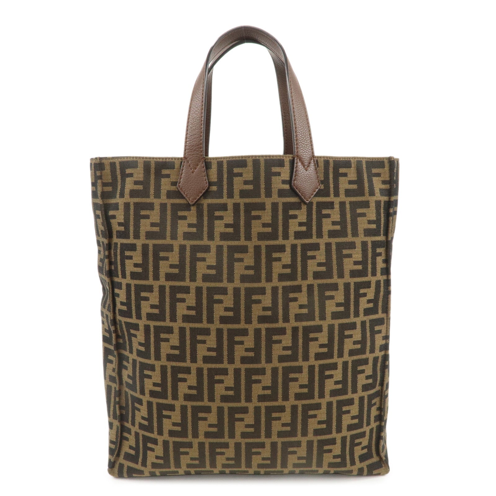 FENDI-Zucca-Canvas-Leather-Tote-Bag-Brown-Black-8BH263