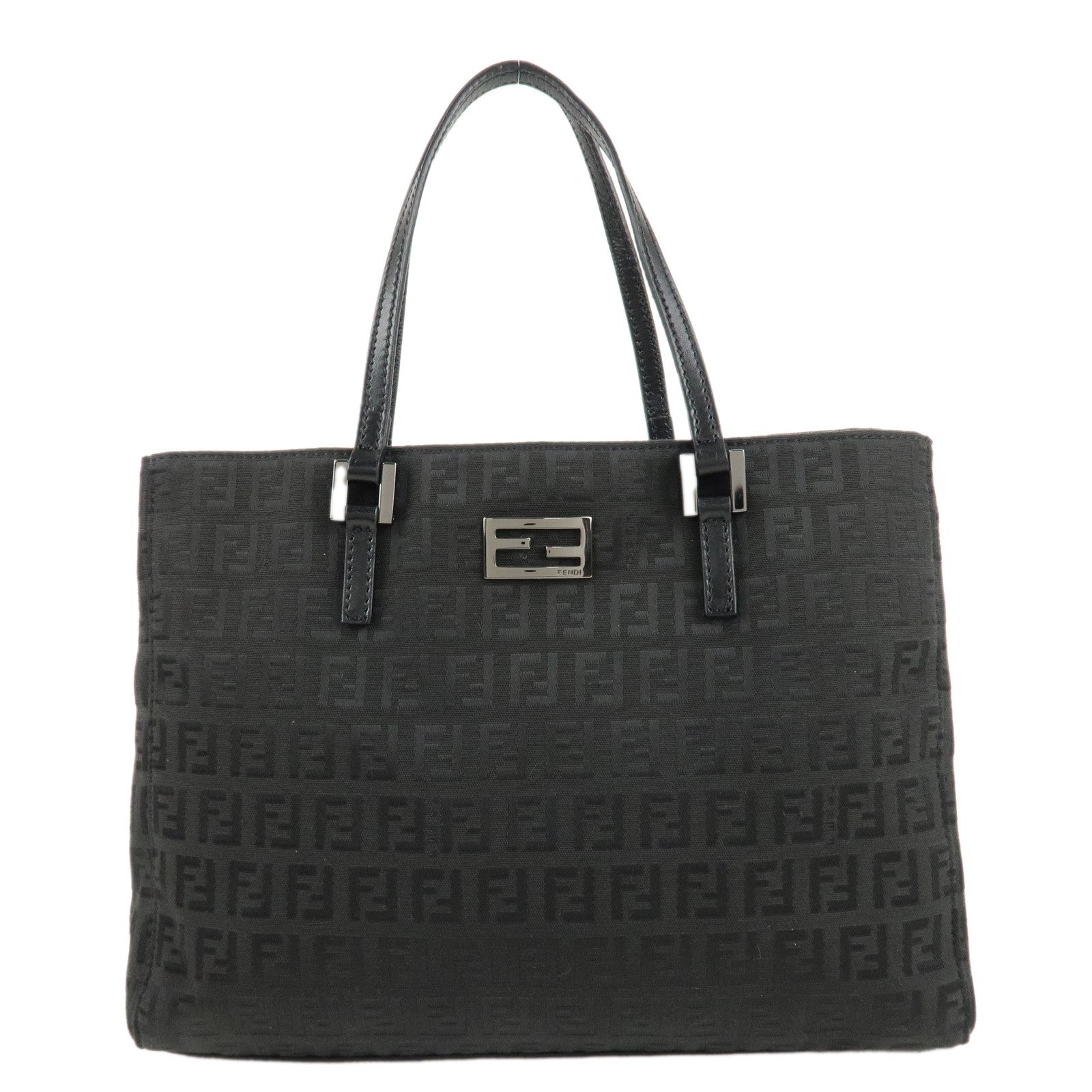 FENDI-Zucchino-Canvas-Leather-Tote-Bag-Hand-Bag-Black-8BH132