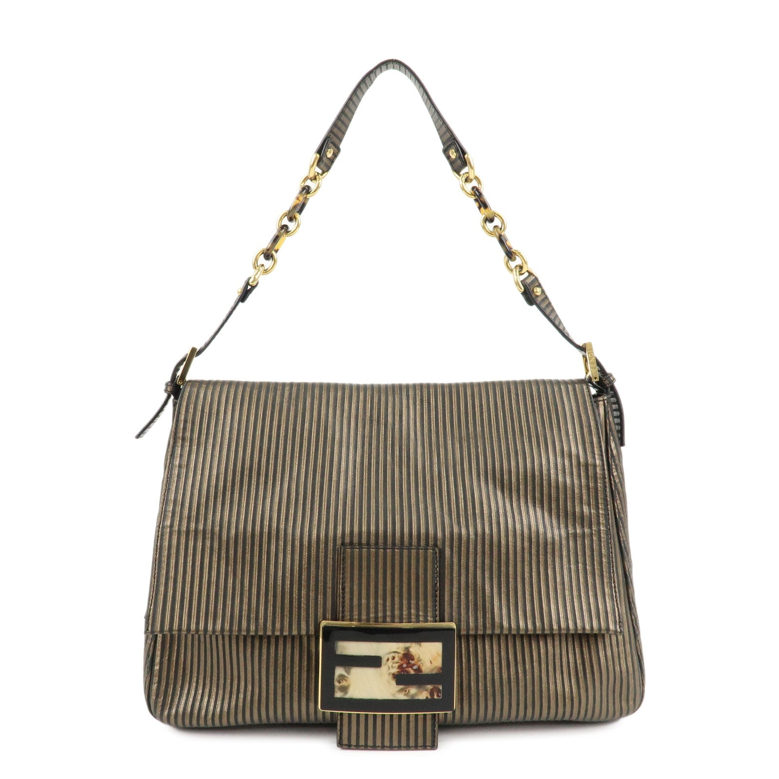 FENDI-Mamma-Baguette-Pequin-Leather-Shoulder-Bag-Gold-Black-8BR638