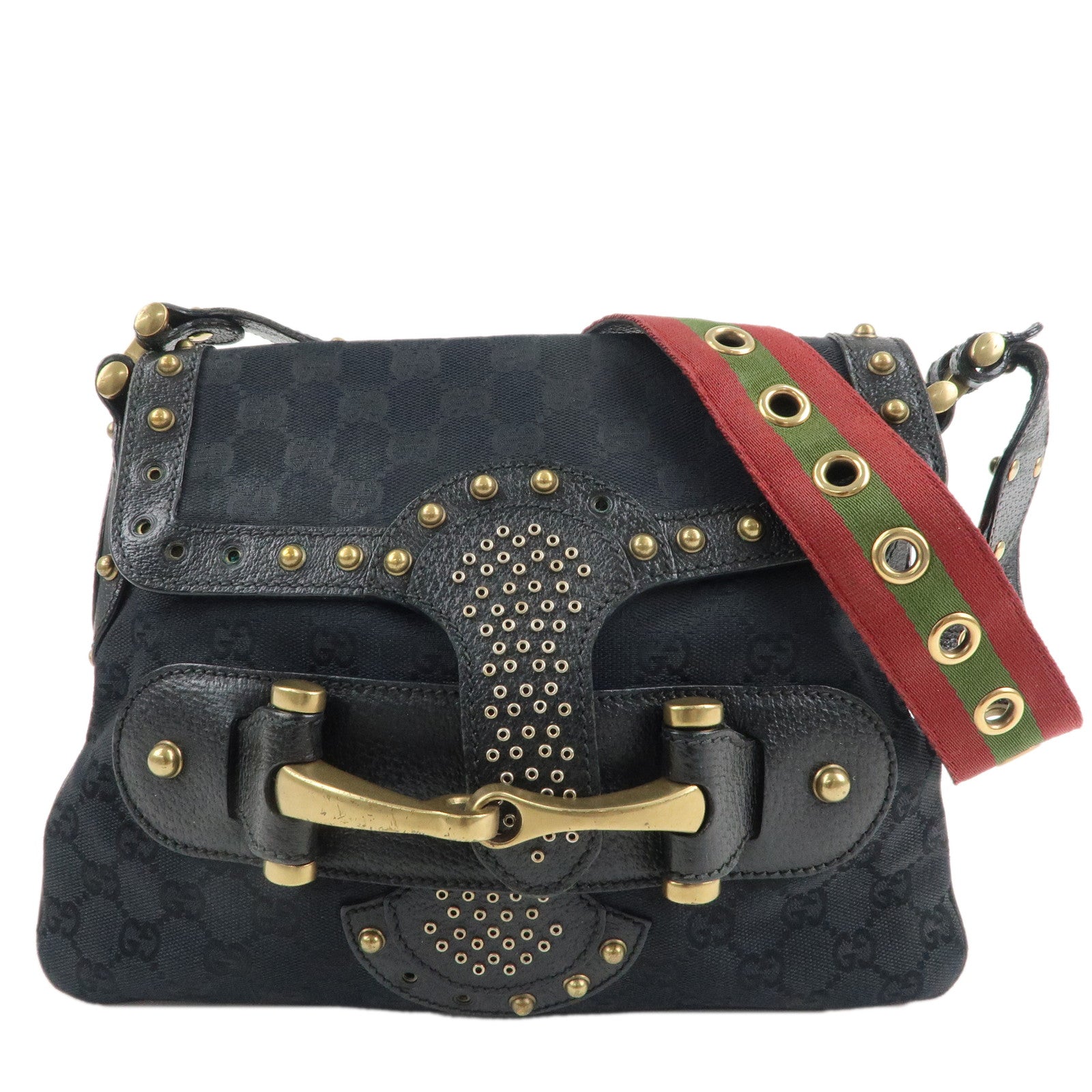 GUCCI-Horsebit-Sherry-GG-Canvas-Leather-Shoulder-Bag-144010