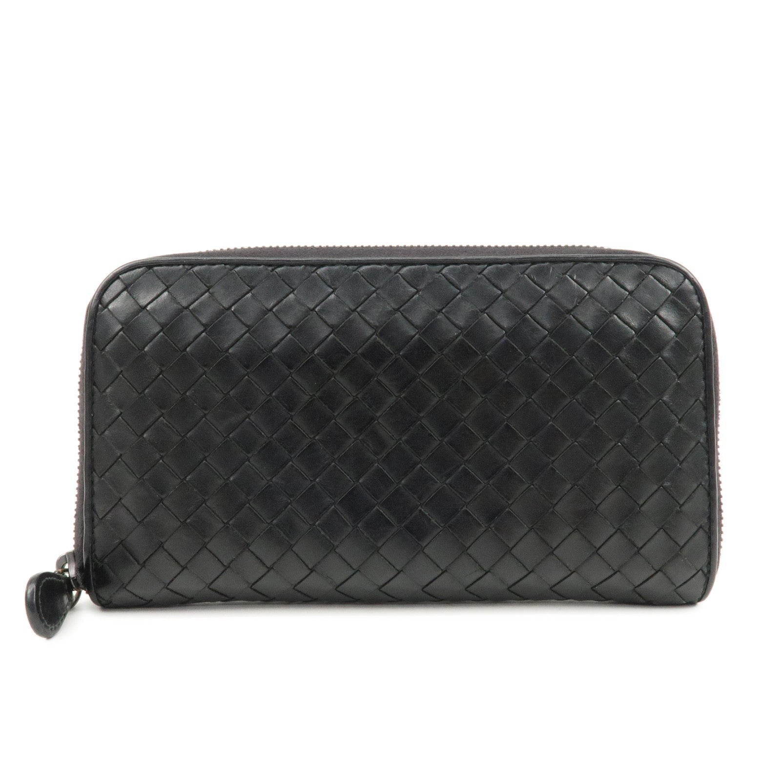 BOTTEGA-VENETA-Intrecciato-Leather-Zip-Round-Long-Wallet-Black