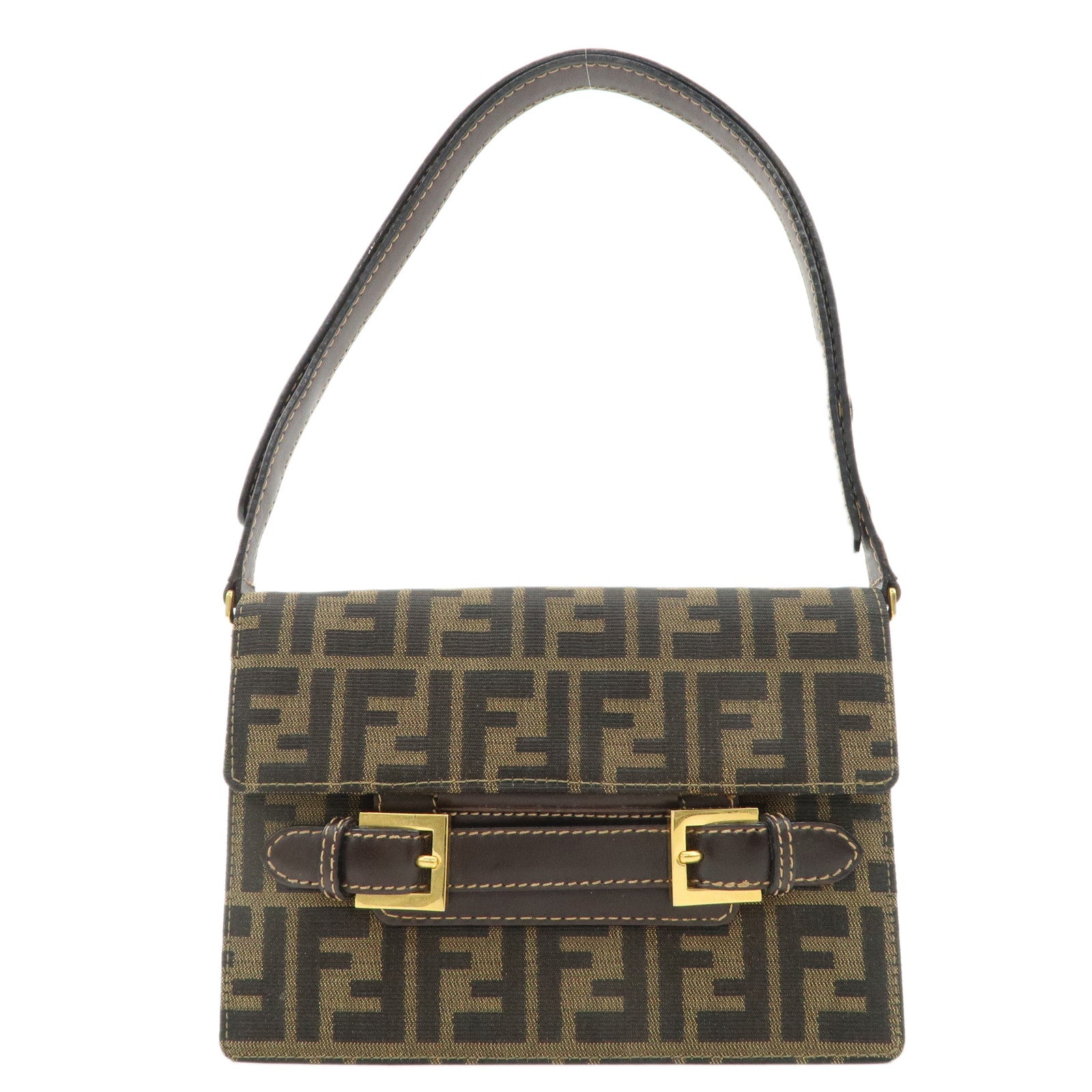 FENDI-Zucca-Canvas-Leather-Shoulder-Bag-Brown-Black