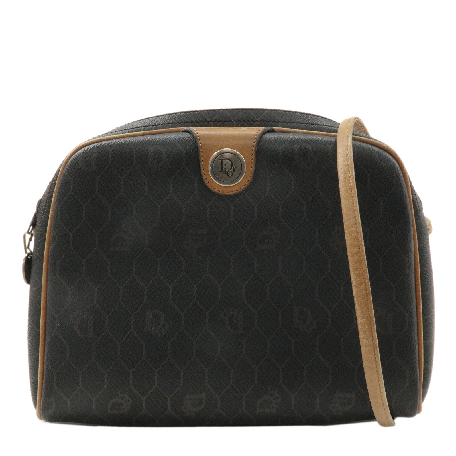 Christian-Dior-Honeycomb-PVC-Leather-Shoulder-Bag-Black-Beige