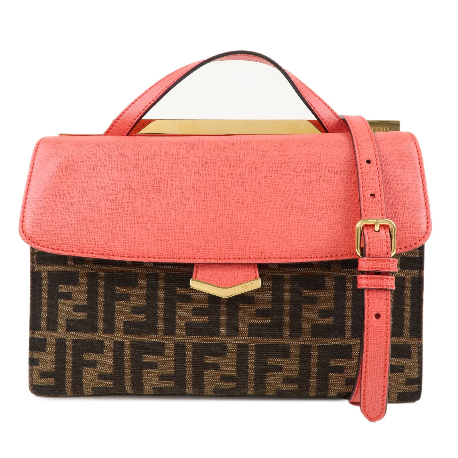 FENDI-Zucca-Canvas-Leather-2WAY-Shoulder-Hand-Bag-Pink-Brown