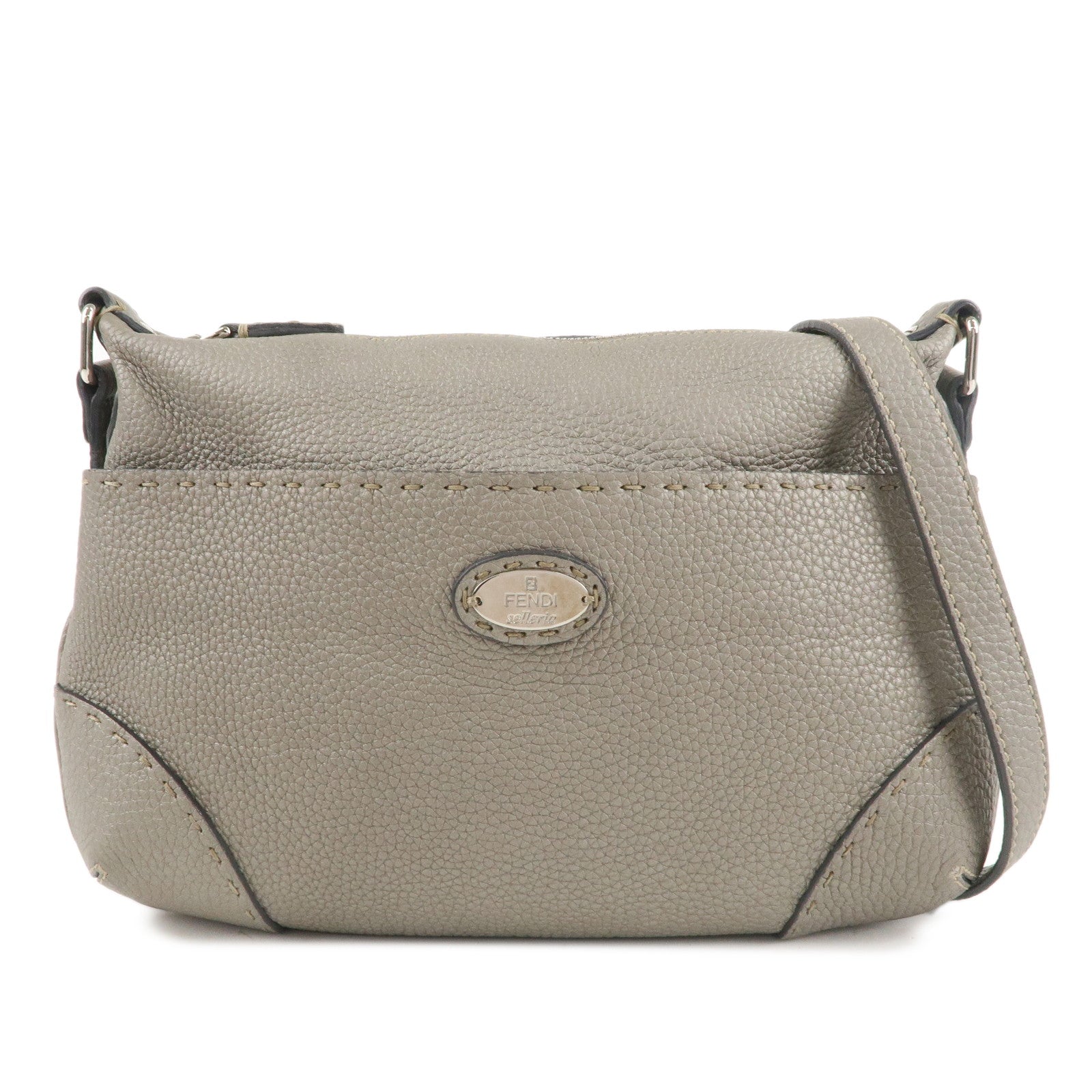 FENDI-Selleria-Leather-Shoulder-Bag-Crossbody-Bag-Silver-8BT200