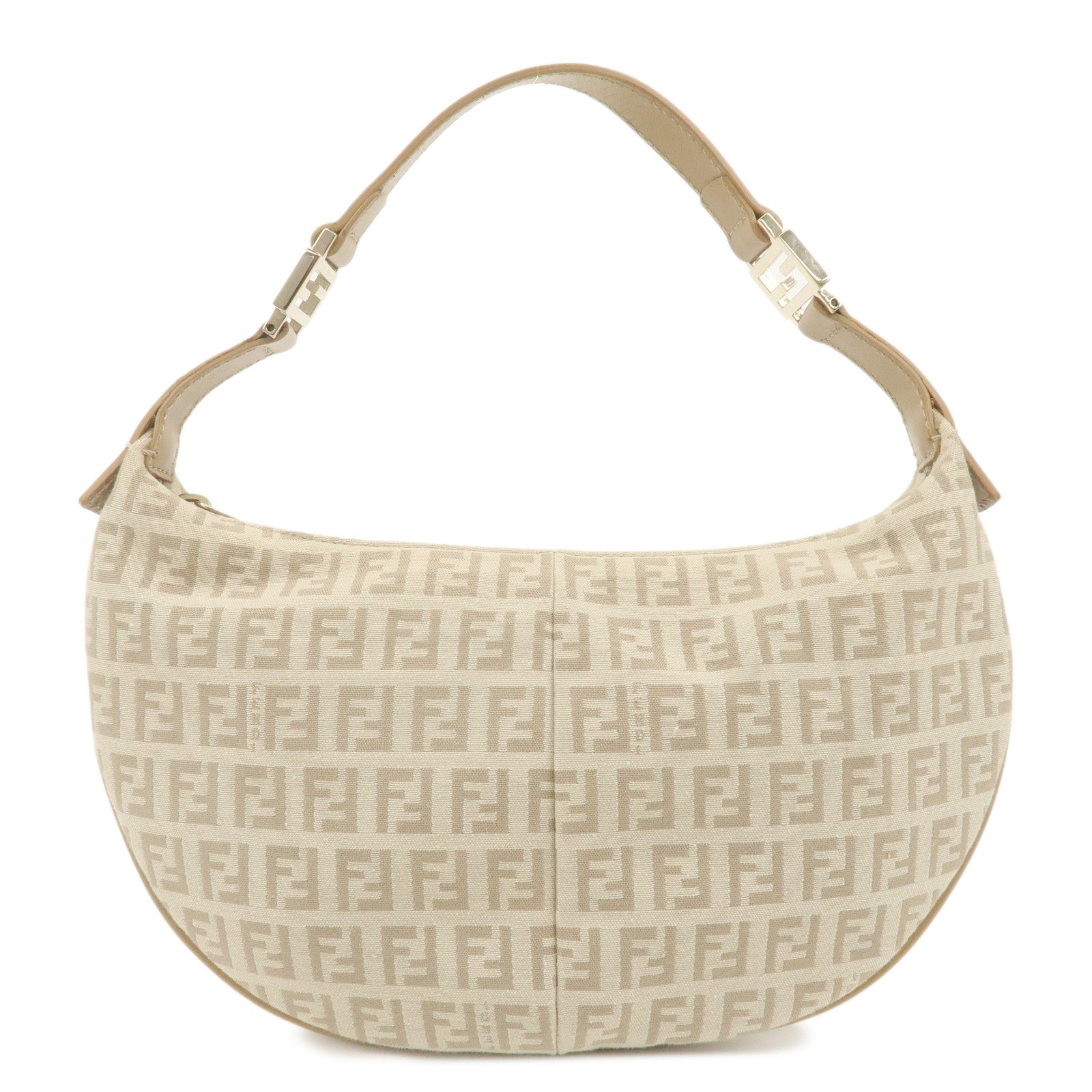 FENDI-Zucchino-Canvas-Leather-Shoulder-Bag-Beige-Gray-8BR440