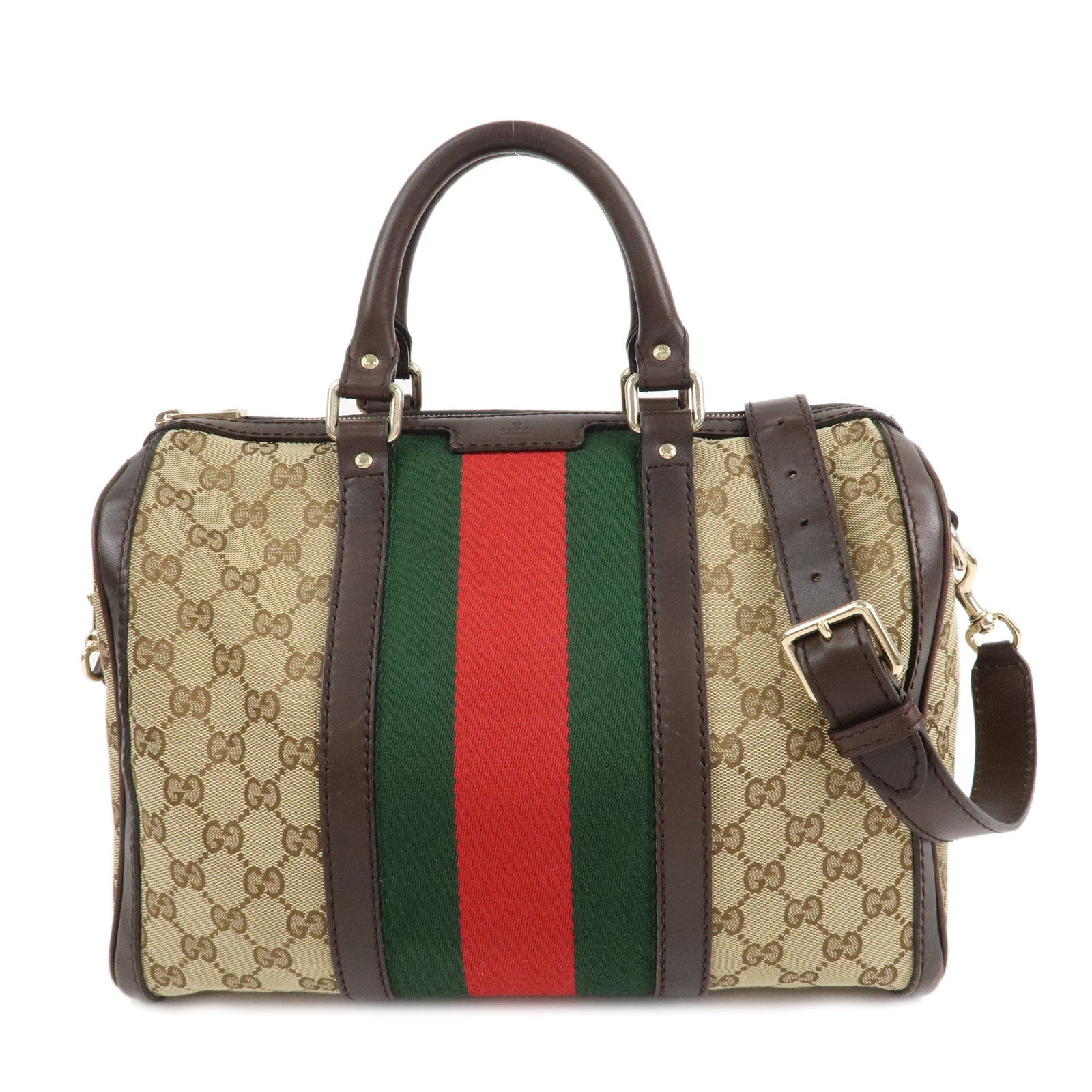 GUCCI-Sherry-Line-GG-Canvas-Leather-2Way-Boston-Bag-Beige-247205