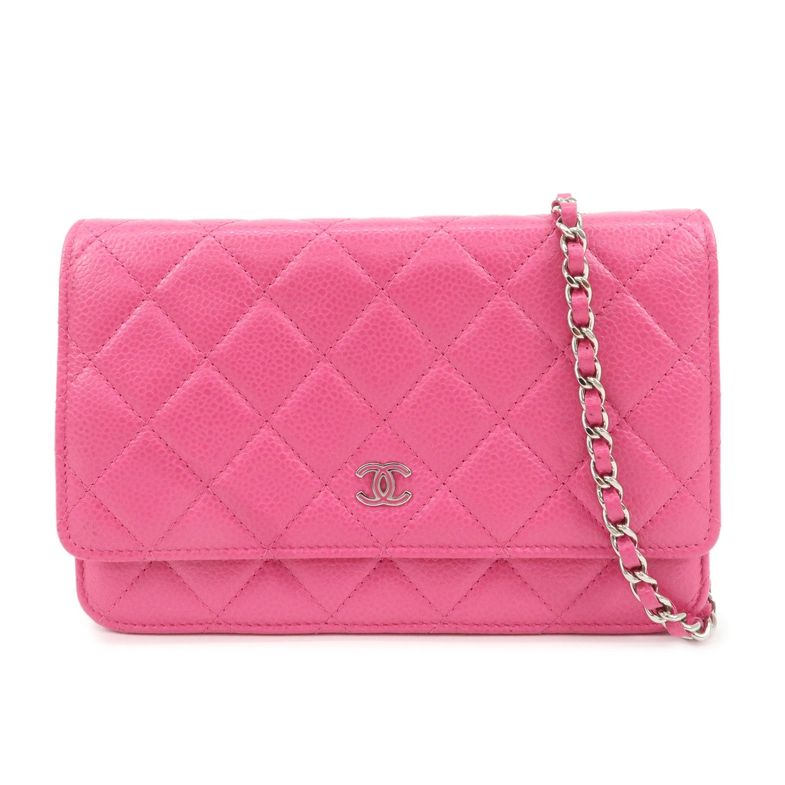 CHANEL-Matelasse-Caviar-Skin-Chain-Wallet-Purse-Pink-Silver-AP0250