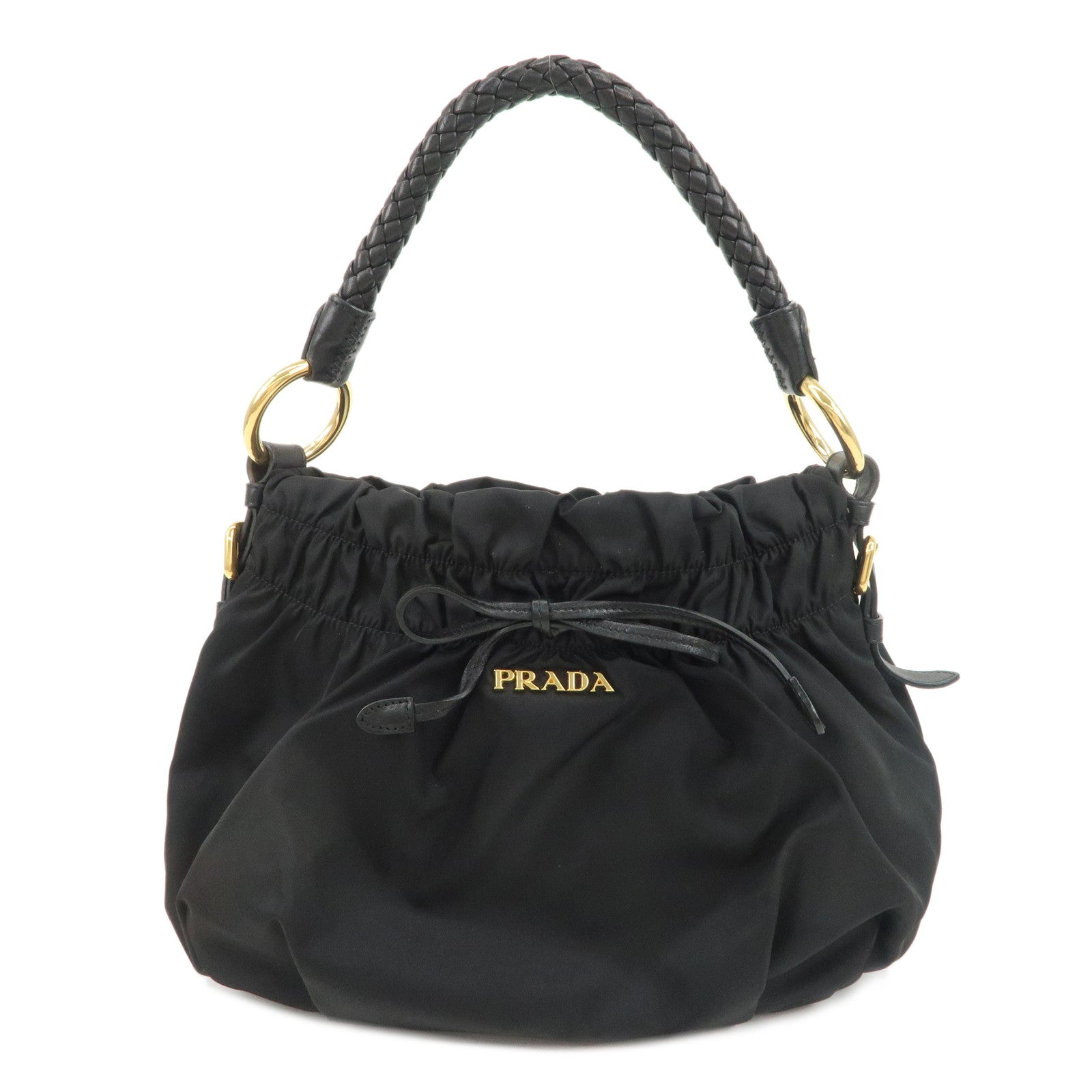 PRADA Nylon Leather Ribbon Shoulder Bag Hand Bag Black BR4237