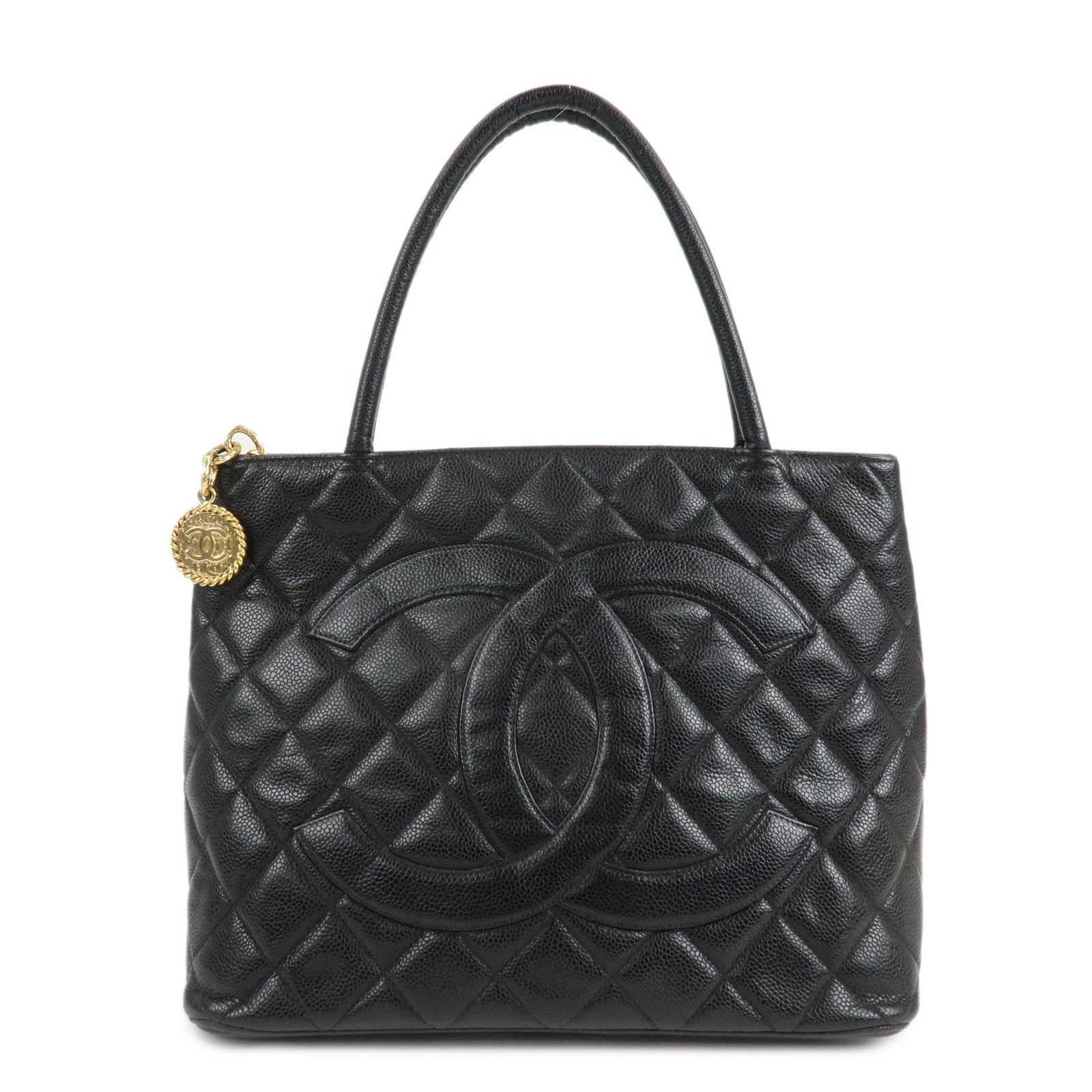 CHANEL-Matelasse-Caviar-Skin-Medalion-Tote-Bag-Hand-Bag-A01804