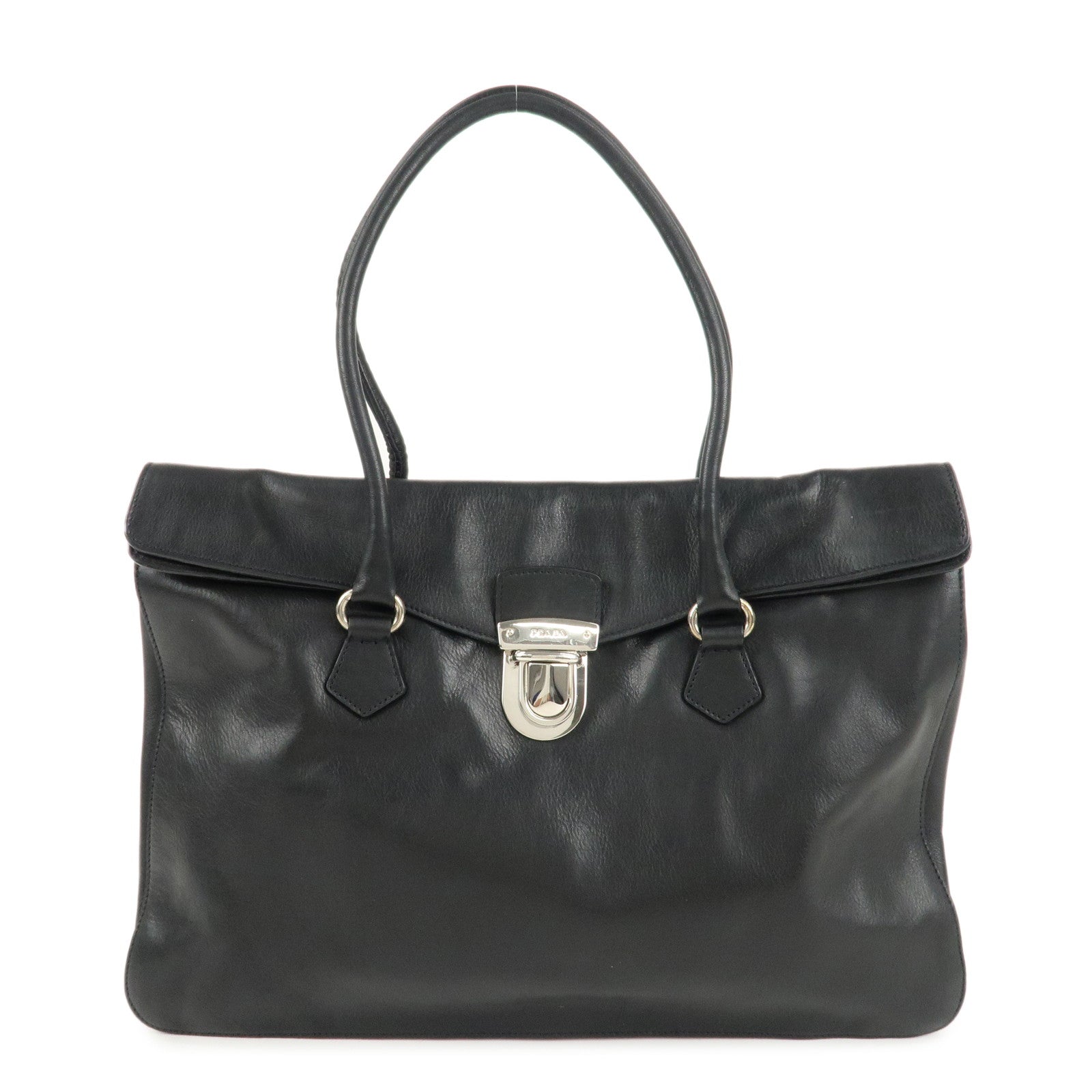 PRADA-Leather-Tote-Bag-Shoulder-Bag-Black-Silver-Hardware