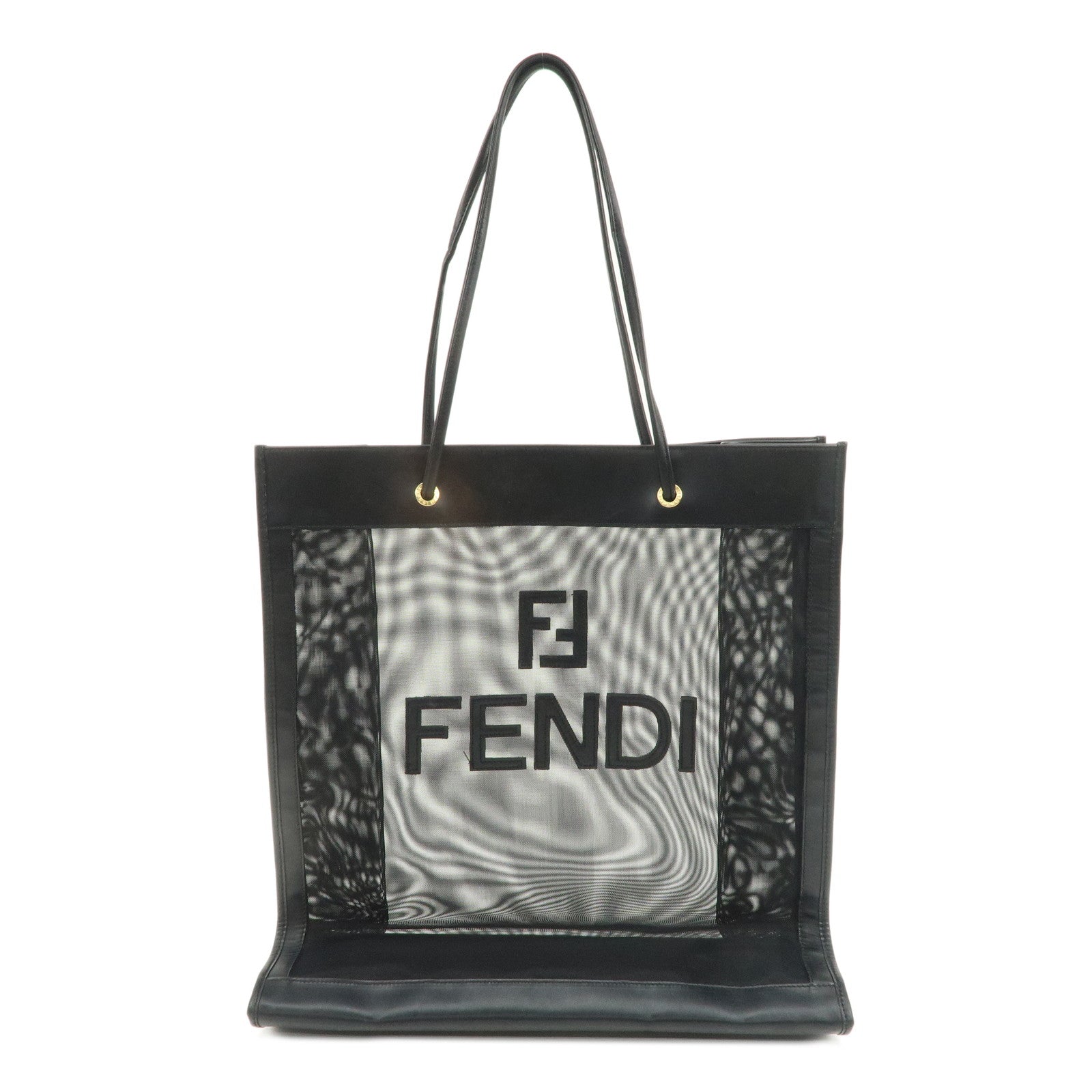 FENDI-Mesh-Leather-Tote-Bag-Shoulder-Bag-Black-259647