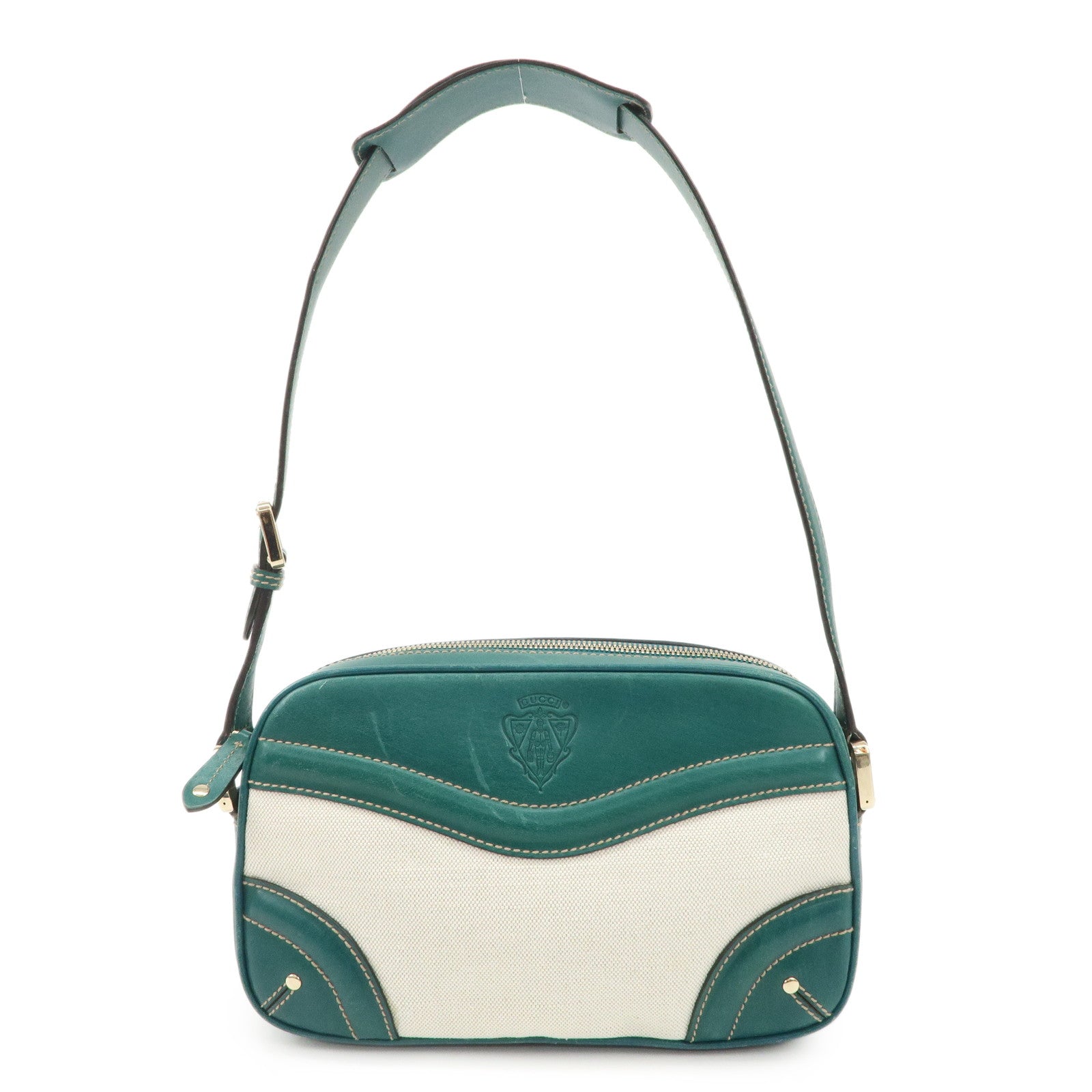 GUCCI-Crest-GG-Canvas-Leather-Shoulder-Bag-Green-Ivory-141448